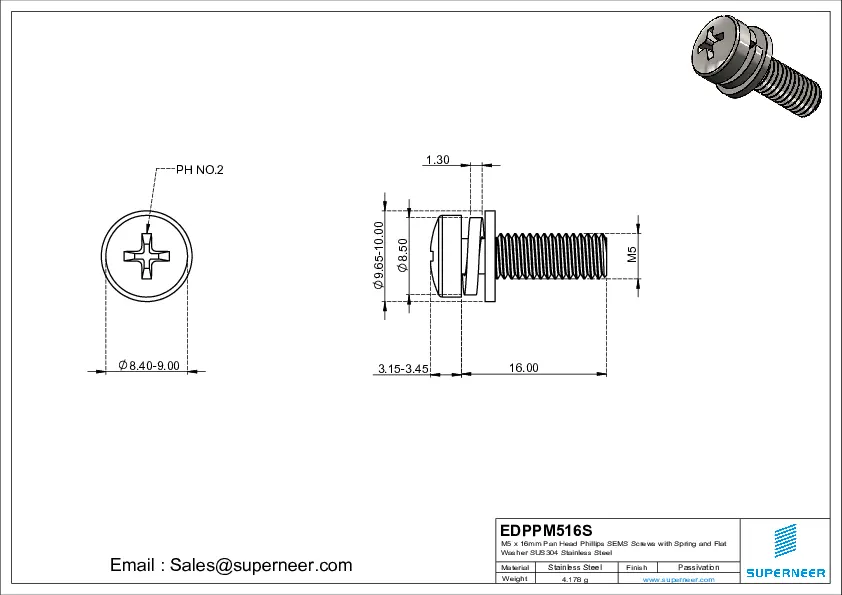 M5 x 16mm Pan Head Phillips SEMS Screws with Spring and Flat Washer SUS304 Stainless Steel Inox