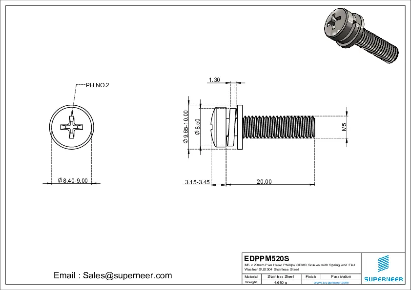 M5 x 20mm Pan Head Phillips SEMS Screws with Spring and Flat Washer SUS304 Stainless Steel Inox