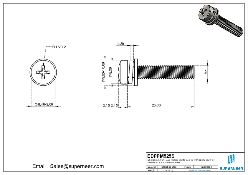 M5 x 25mm Pan Head Phillips SEMS Screws with Spring and Flat Washer SUS304 Stainless Steel Inox