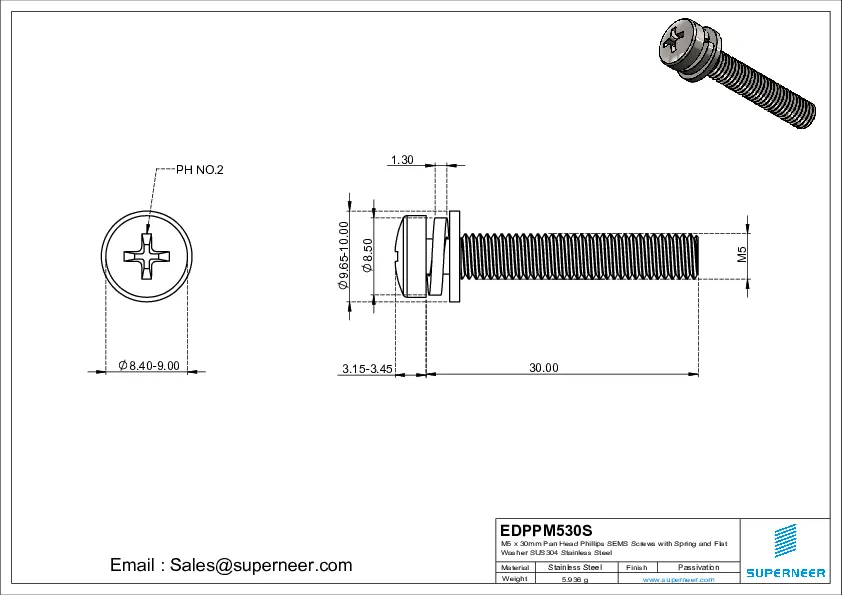 M5 x 30mm Pan Head Phillips SEMS Screws with Spring and Flat Washer SUS304 Stainless Steel Inox