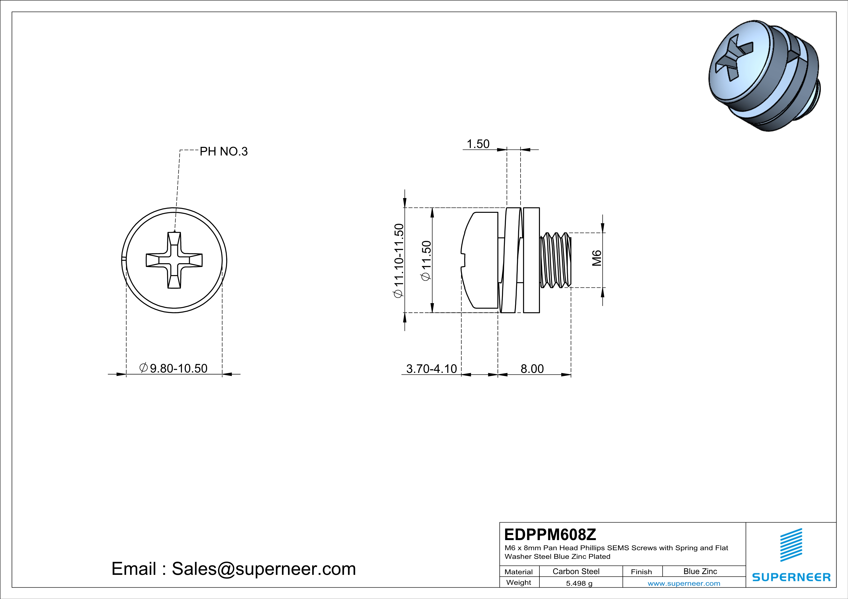 M6 x 8mm Pan Head Phillips SEMS Screws with Spring and Flat Washer Steel Blue Zinc Plated