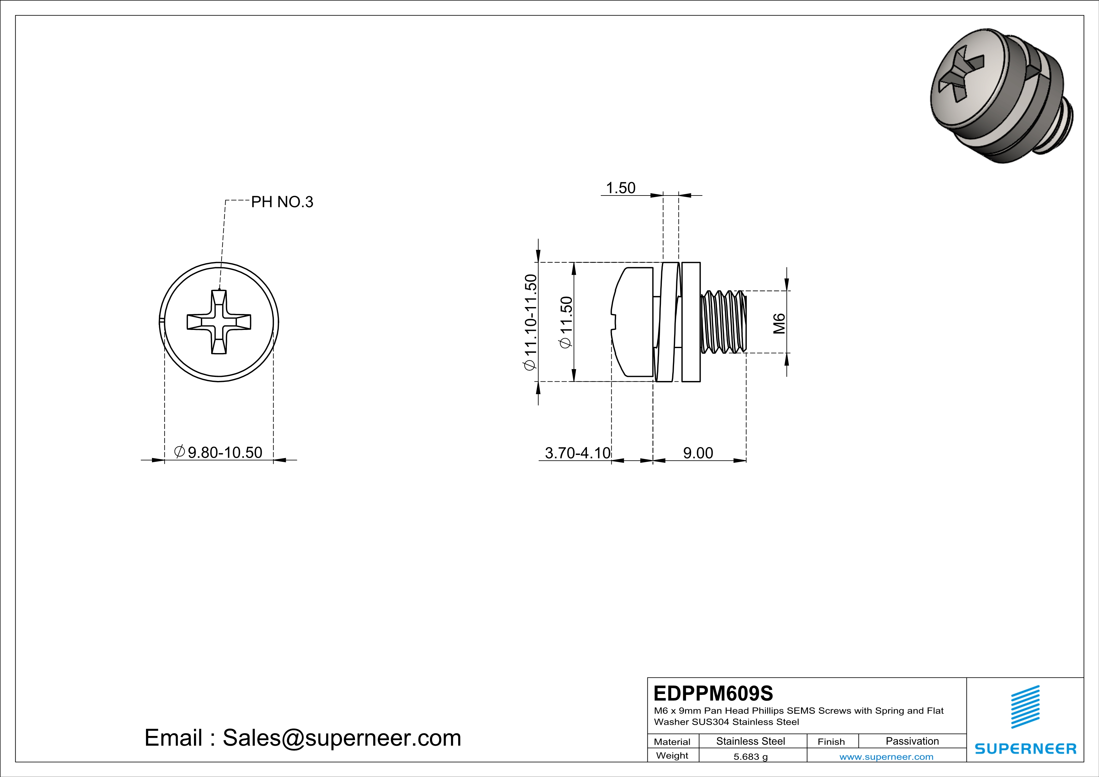 M6 x 9mm Pan Head Phillips SEMS Screws with Spring and Flat Washer SUS304 Stainless Steel Inox