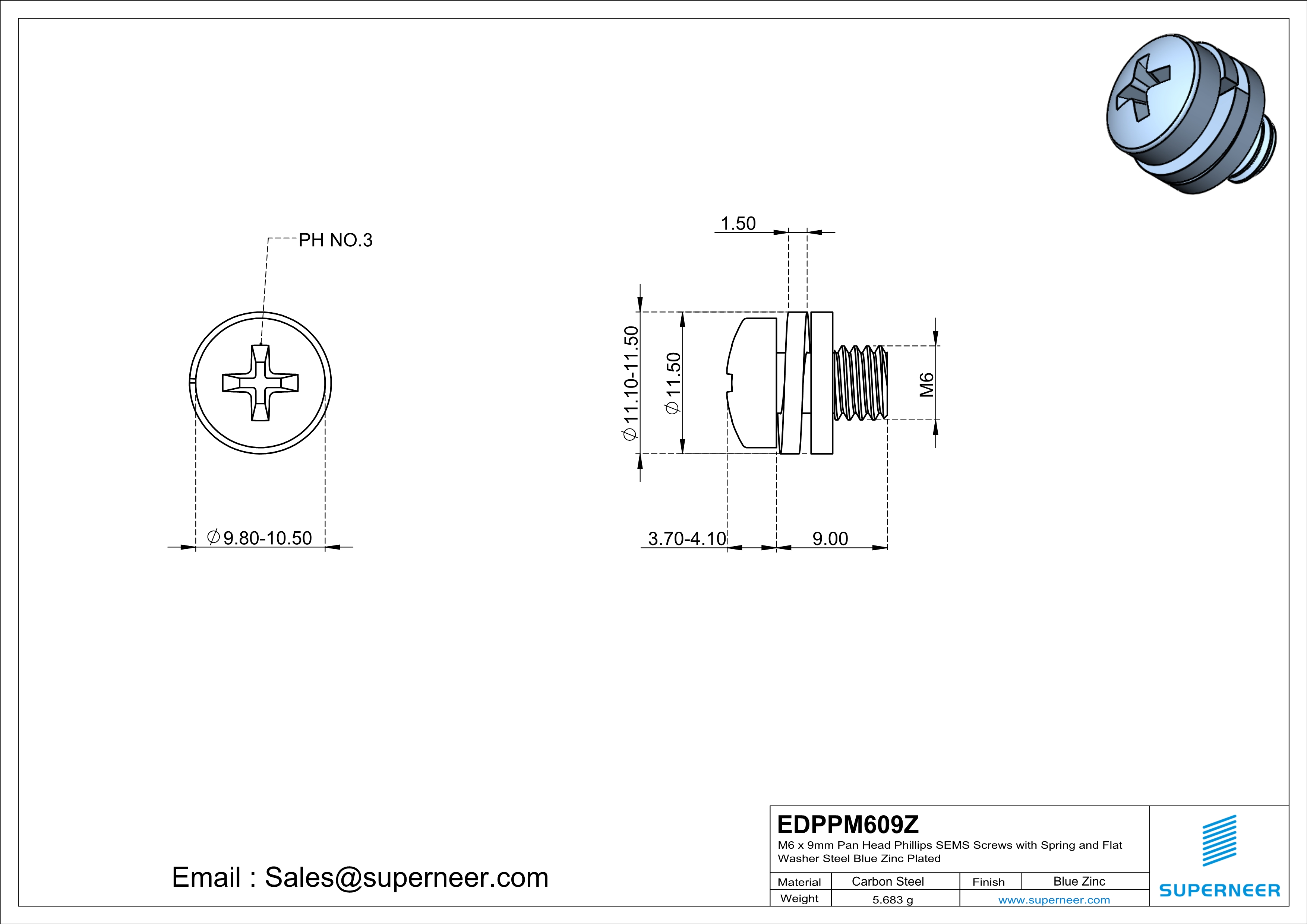 M6 x 9mm Pan Head Phillips SEMS Screws with Spring and Flat Washer Steel Blue Zinc Plated