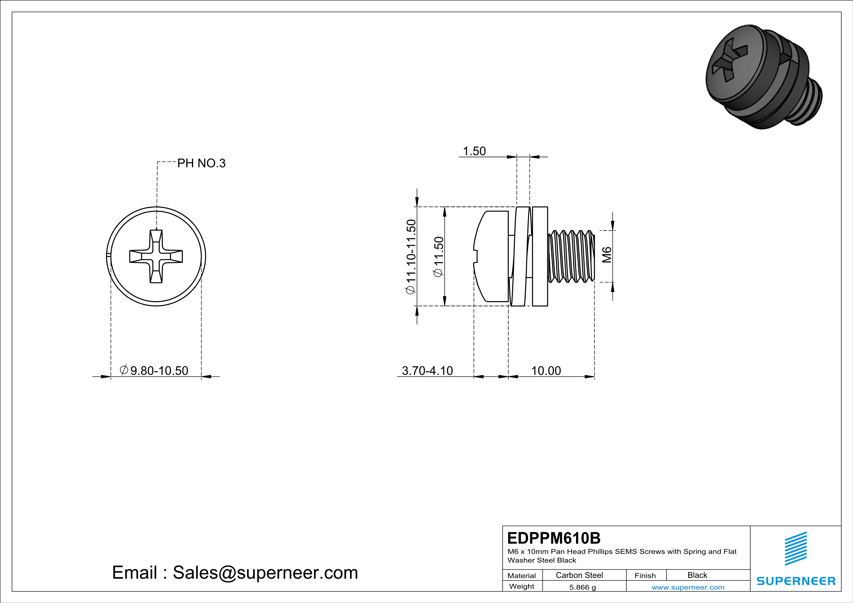 M6 x 10mm Pan Head Phillips SEMS Screws with Spring and Flat Washer Steel Black