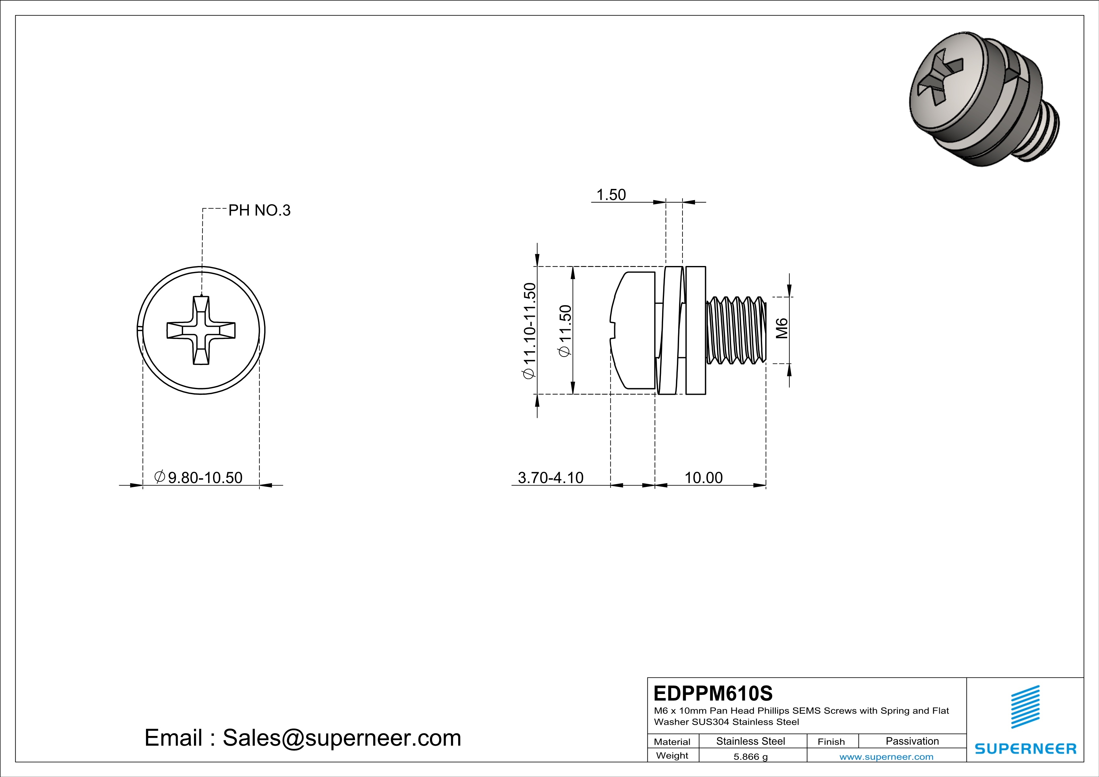 M6 x 10mm Pan Head Phillips SEMS Screws with Spring and Flat Washer SUS304 Stainless Steel Inox