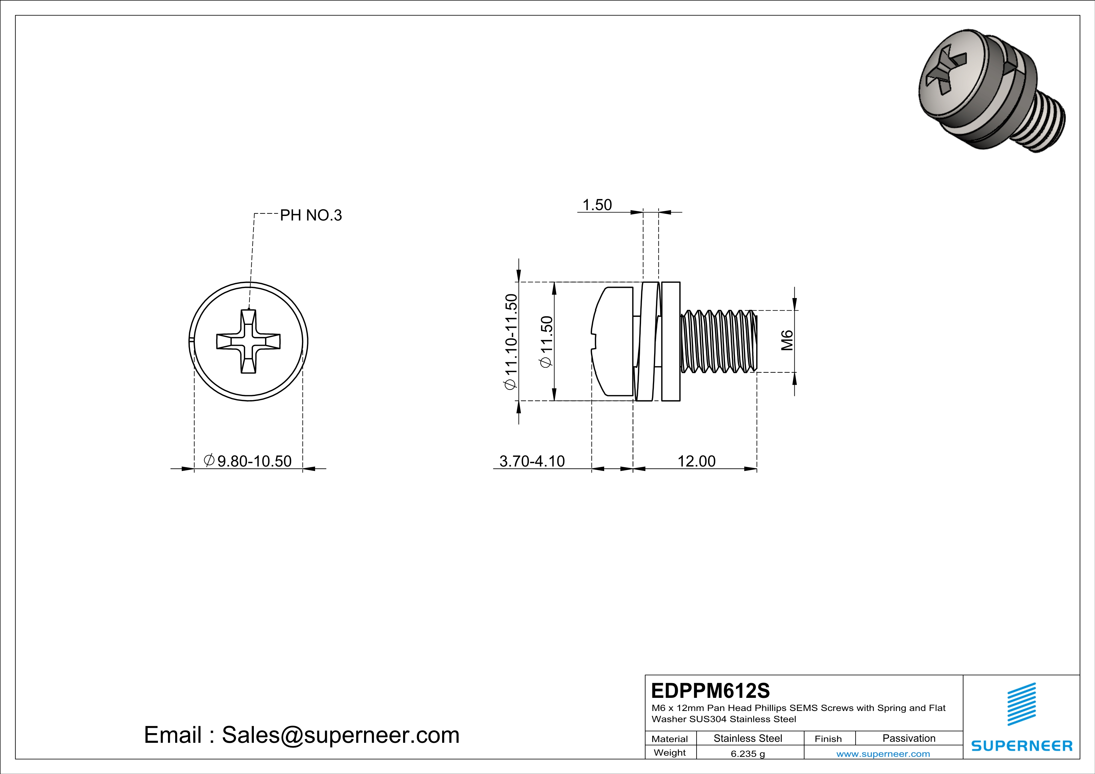 M6 x 12mm Pan Head Phillips SEMS Screws with Spring and Flat Washer SUS304 Stainless Steel Inox