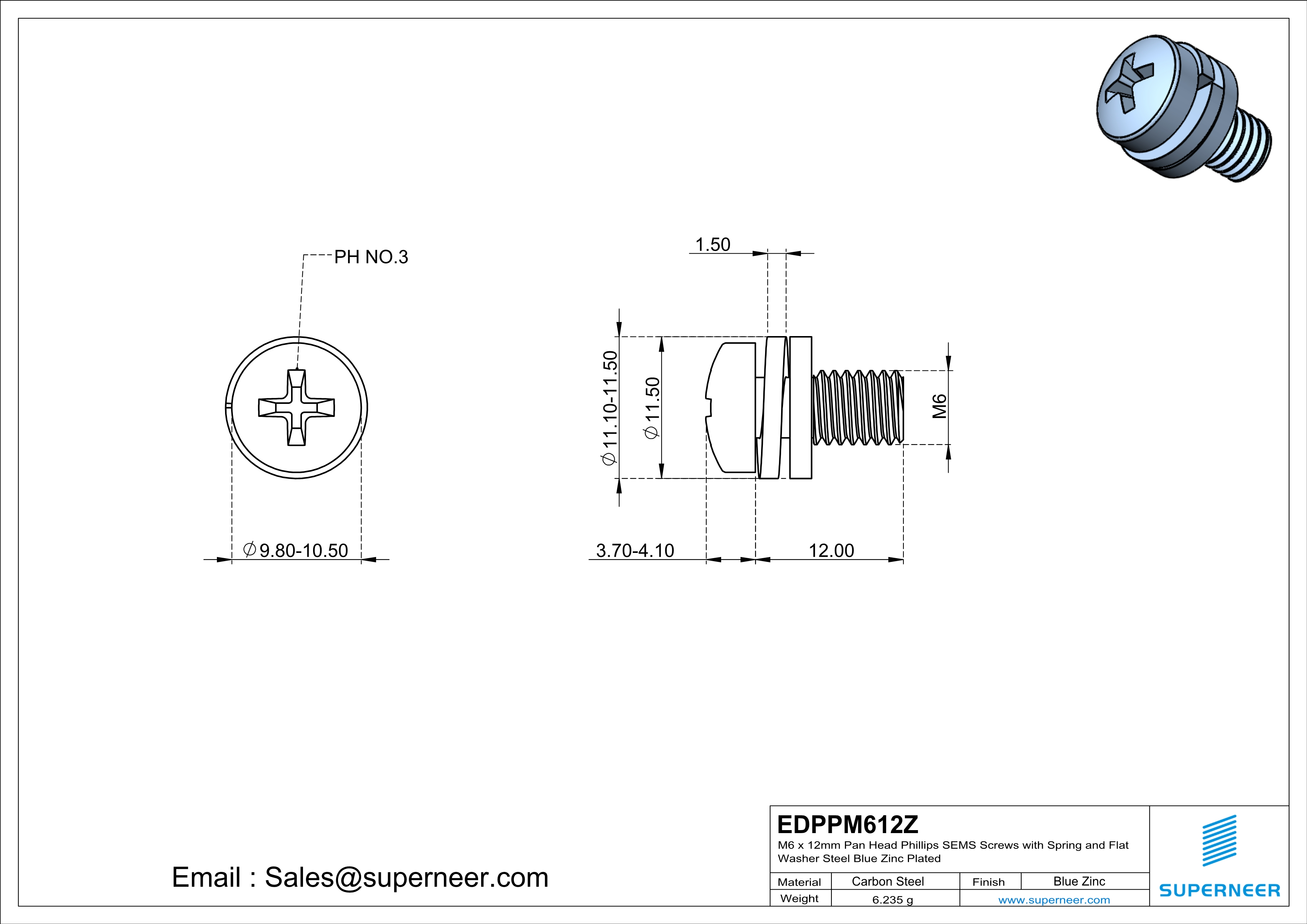 M6 x 12mm Pan Head Phillips SEMS Screws with Spring and Flat Washer Steel Blue Zinc Plated