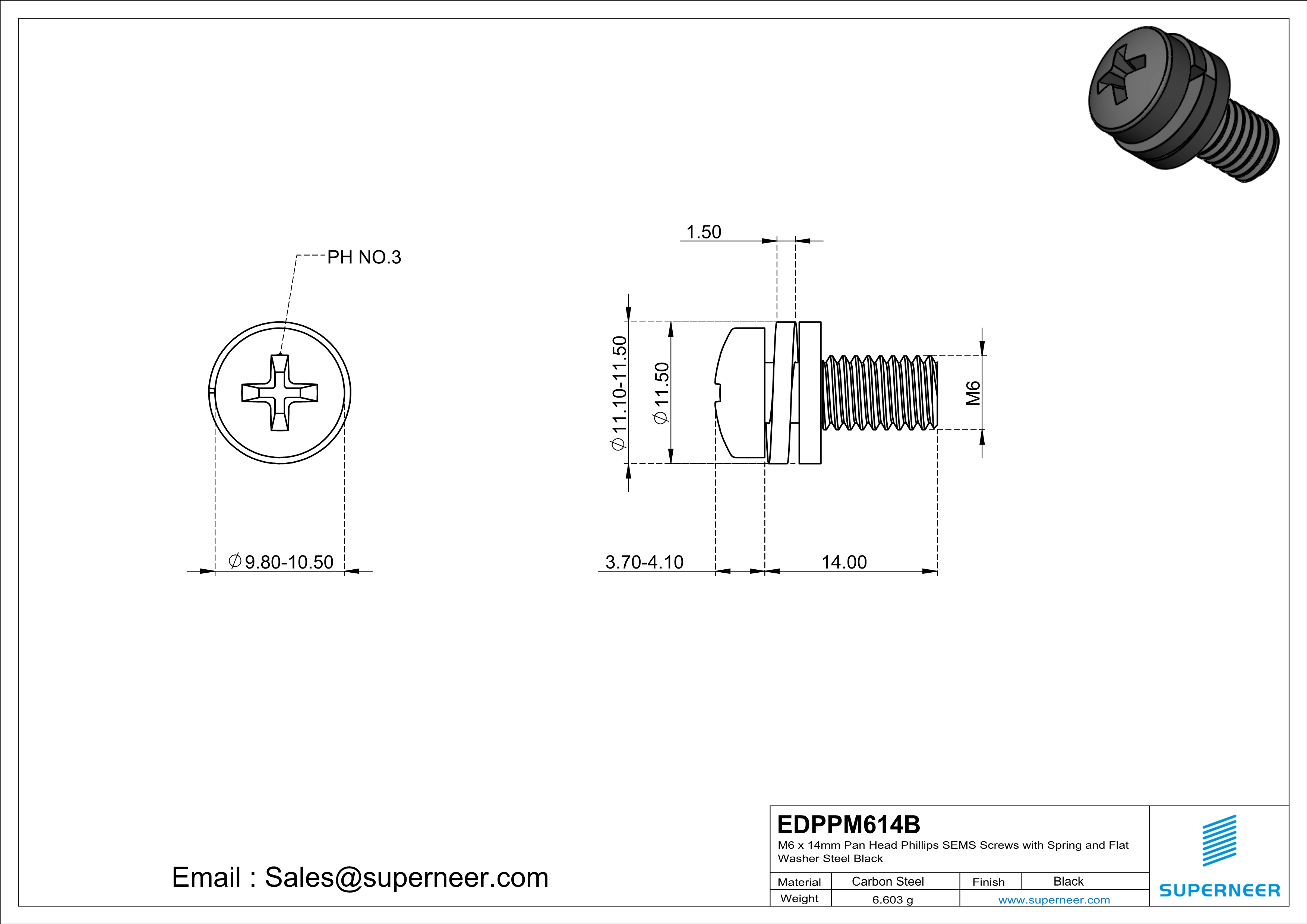 M6 x 14mm Pan Head Phillips SEMS Screws with Spring and Flat Washer Steel Black