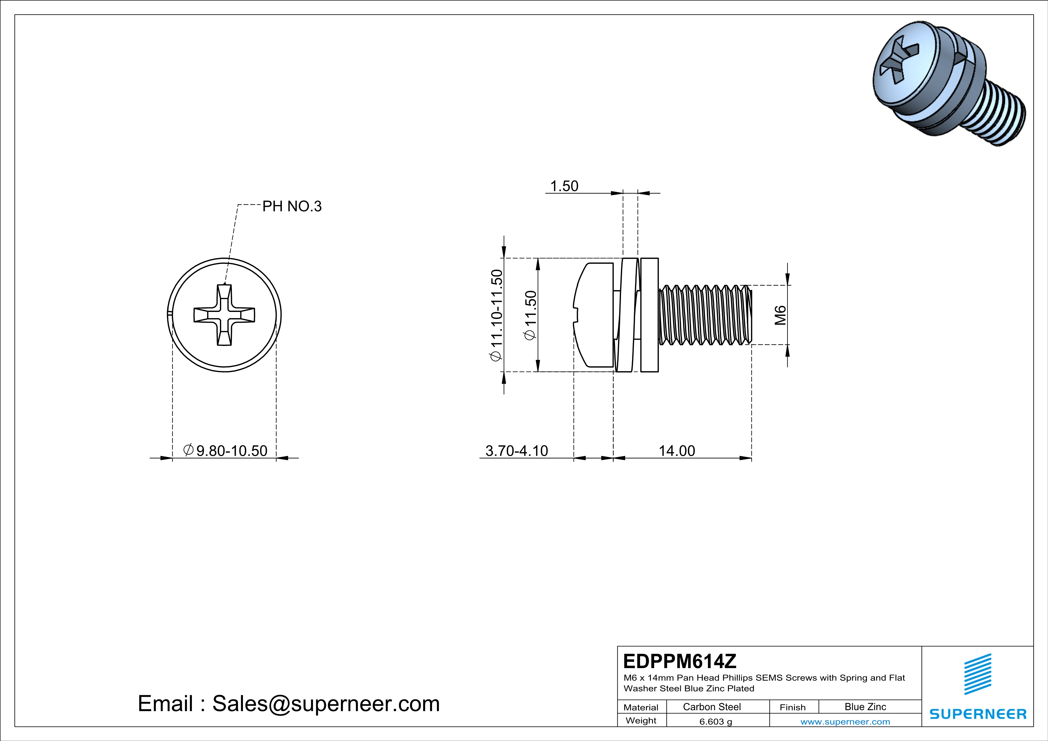 M6 x 14mm Pan Head Phillips SEMS Screws with Spring and Flat Washer Steel Blue Zinc Plated