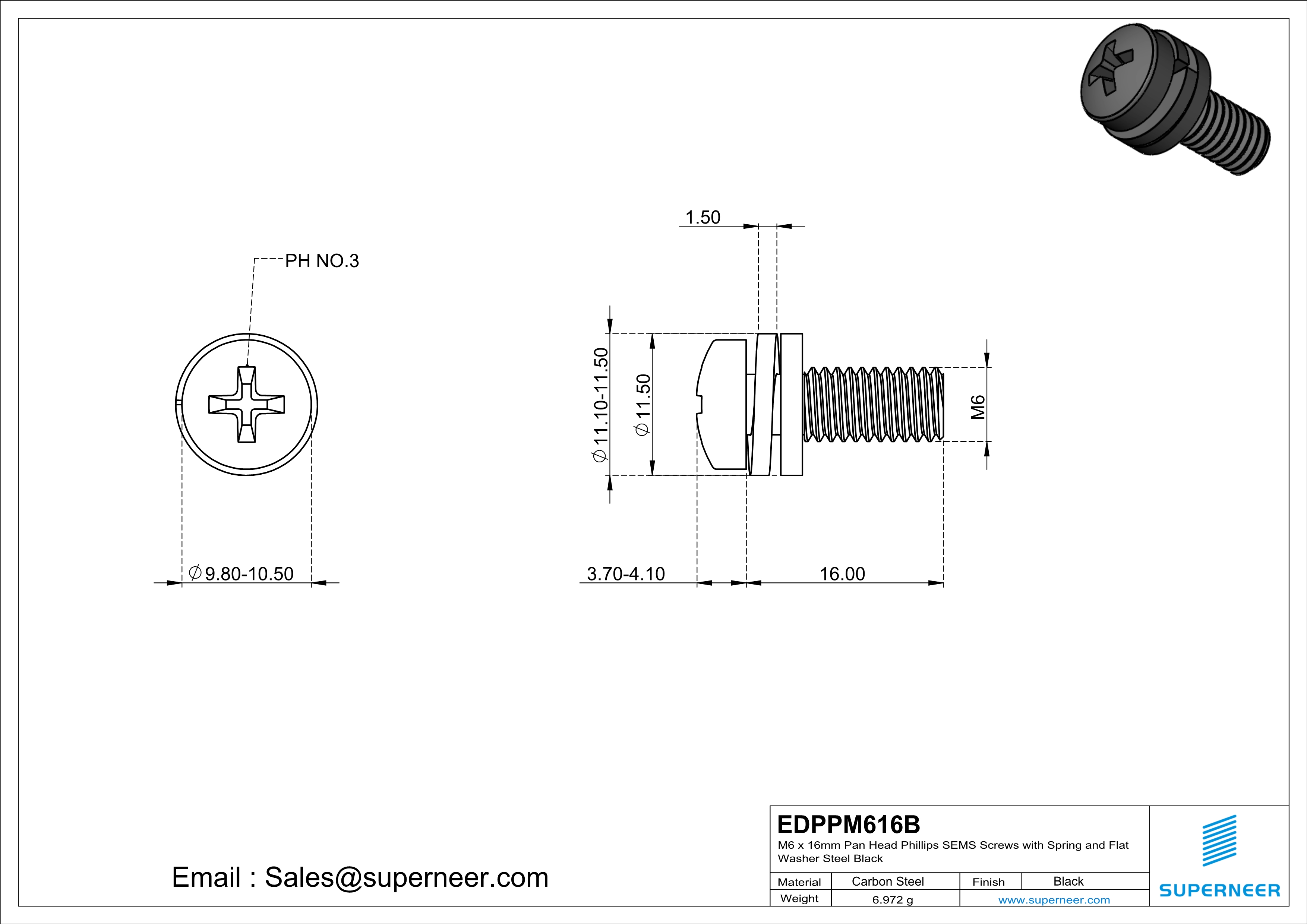 M6 x 16mm Pan Head Phillips SEMS Screws with Spring and Flat Washer Steel Black