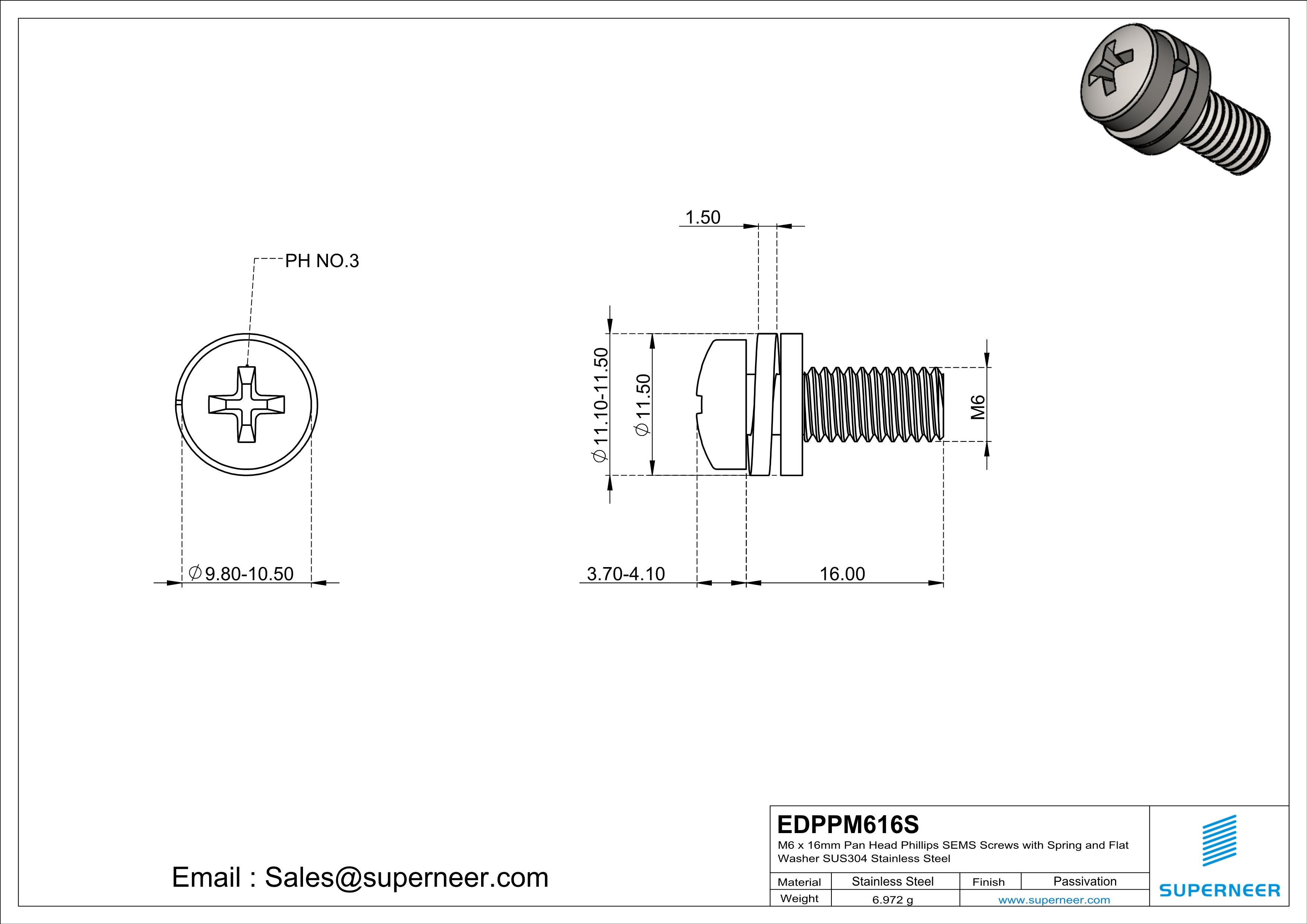 M6 x 16mm Pan Head Phillips SEMS Screws with Spring and Flat Washer SUS304 Stainless Steel Inox