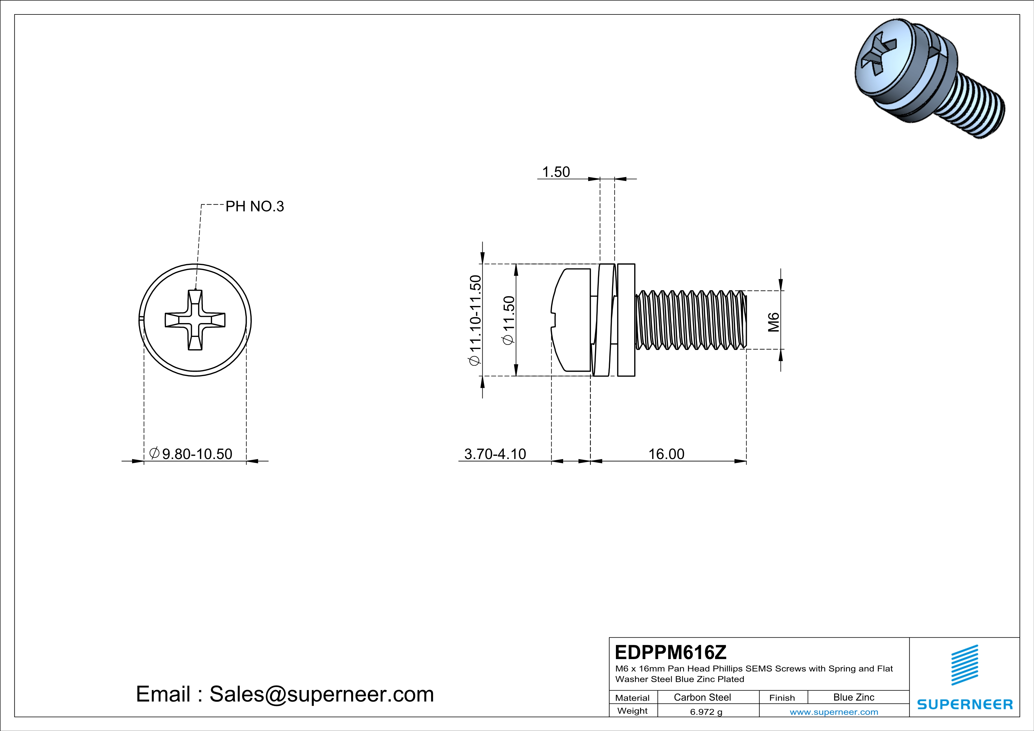 M6 x 16mm Pan Head Phillips SEMS Screws with Spring and Flat Washer Steel Blue Zinc Plated