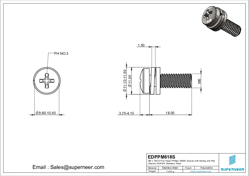 M6 x 18mm Pan Head Phillips SEMS Screws with Spring and Flat Washer SUS304 Stainless Steel Inox