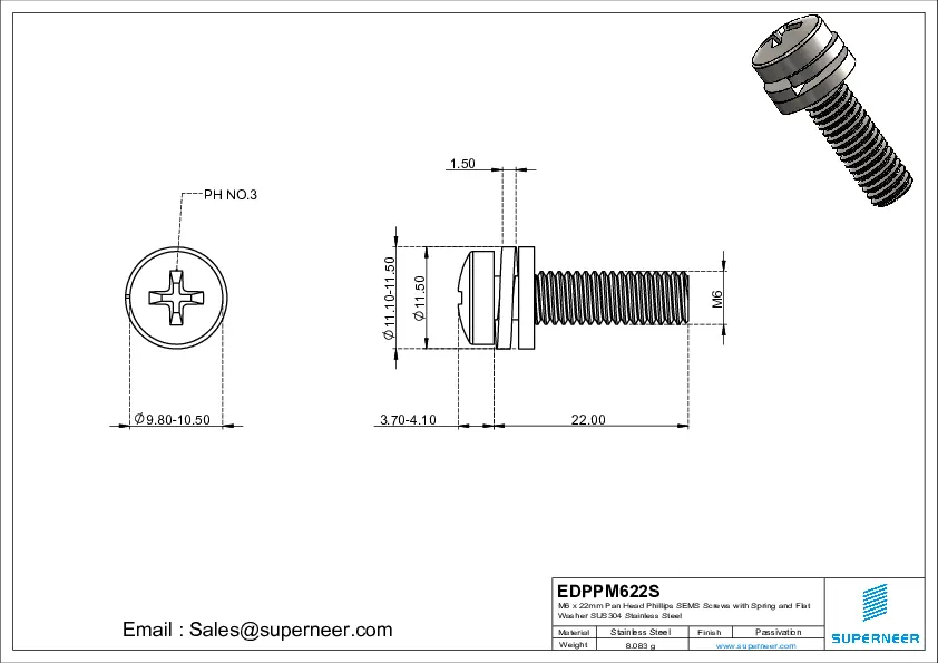 M6 x 22mm Pan Head Phillips SEMS Screws with Spring and Flat Washer SUS304 Stainless Steel Inox