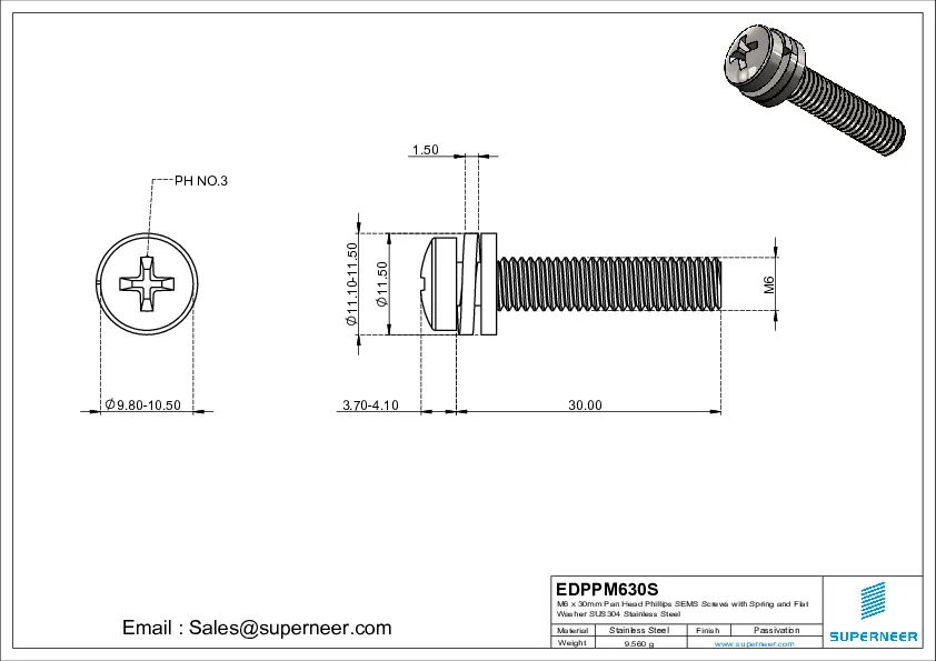 M6 x 30mm Pan Head Phillips SEMS Screws with Spring and Flat Washer SUS304 Stainless Steel Inox