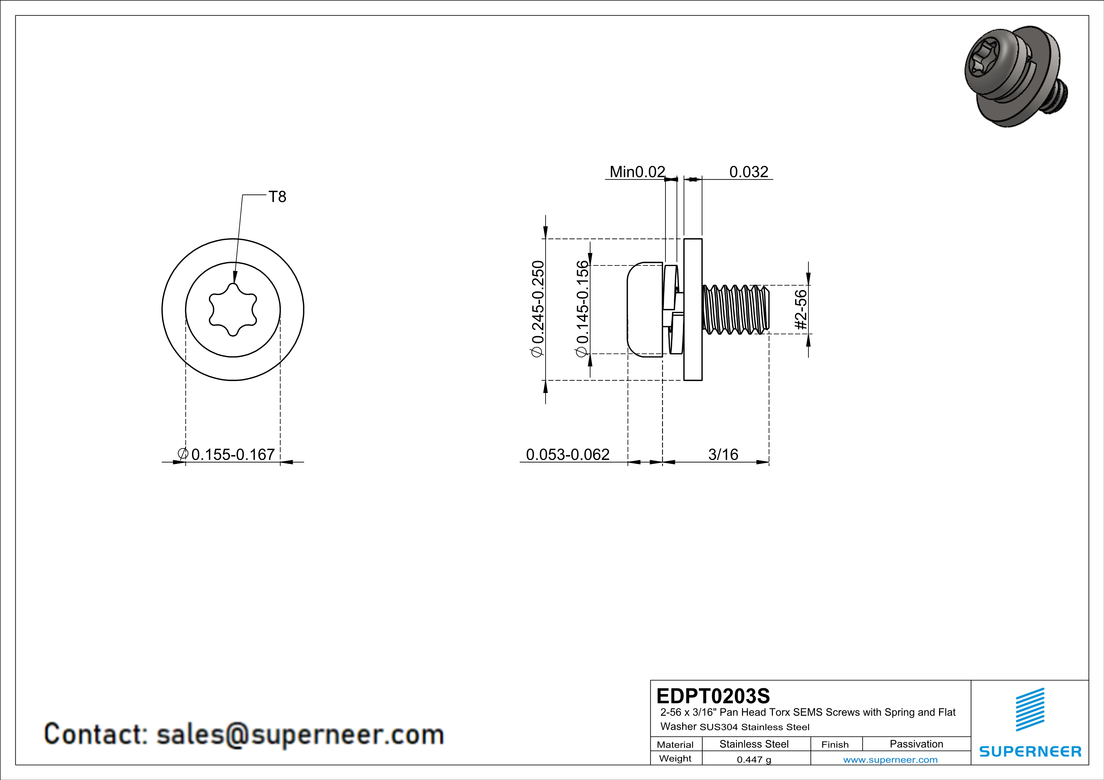 2-56 x 3/16" Pan Head Torx SEMS Screws with Spring and Flat Washer SUS304 Stainless Steel Inox