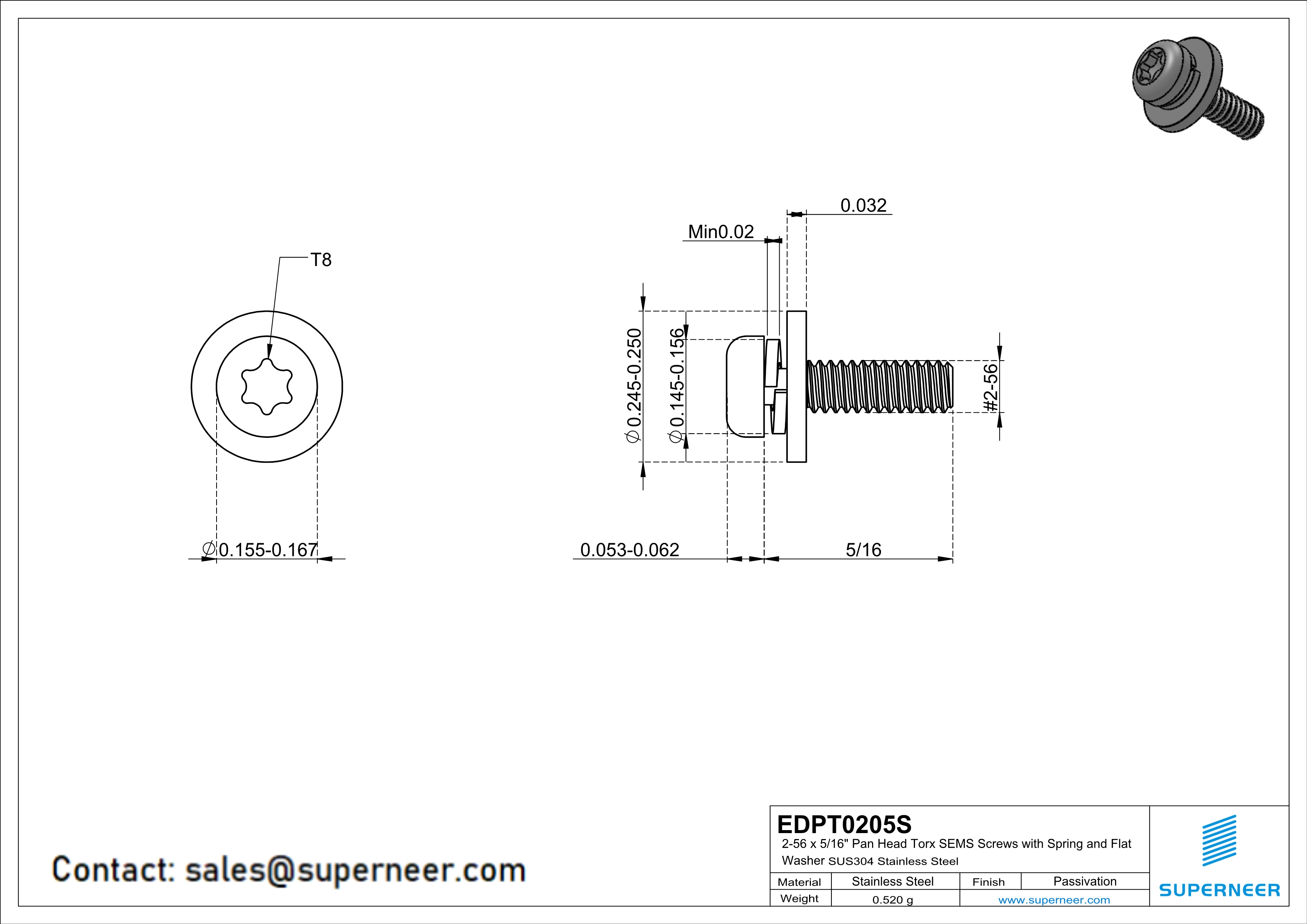 2-56 x 5/16" Pan Head Torx SEMS Screws with Spring and Flat Washer SUS304 Stainless Steel Inox