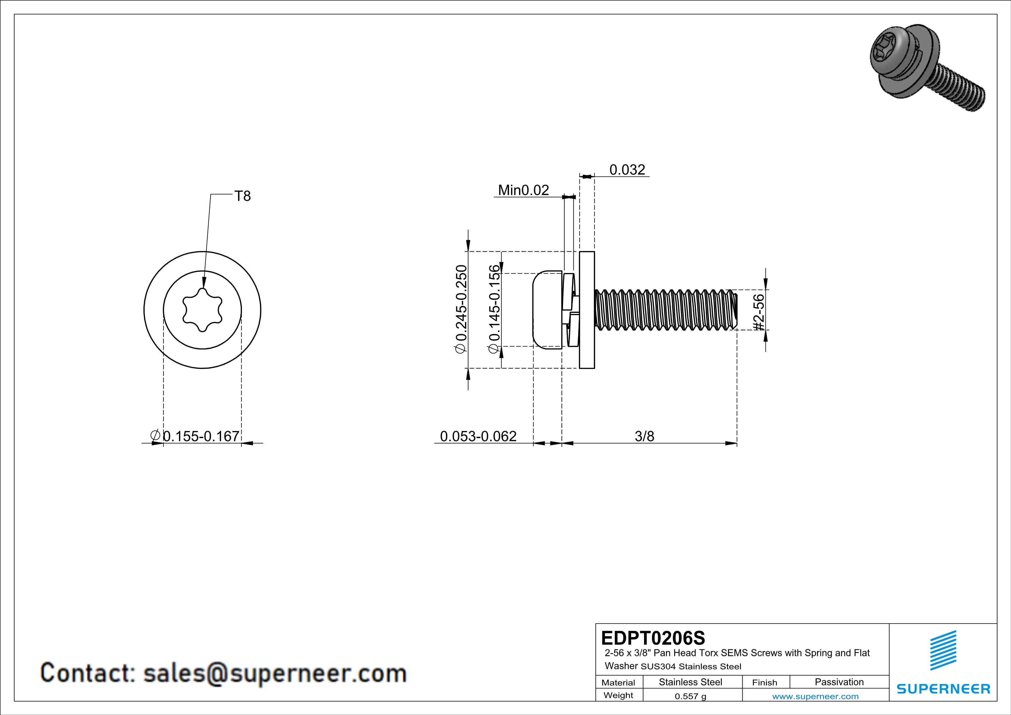 2-56 x 3/8" Pan Head Torx SEMS Screws with Spring and Flat Washer SUS304 Stainless Steel Inox