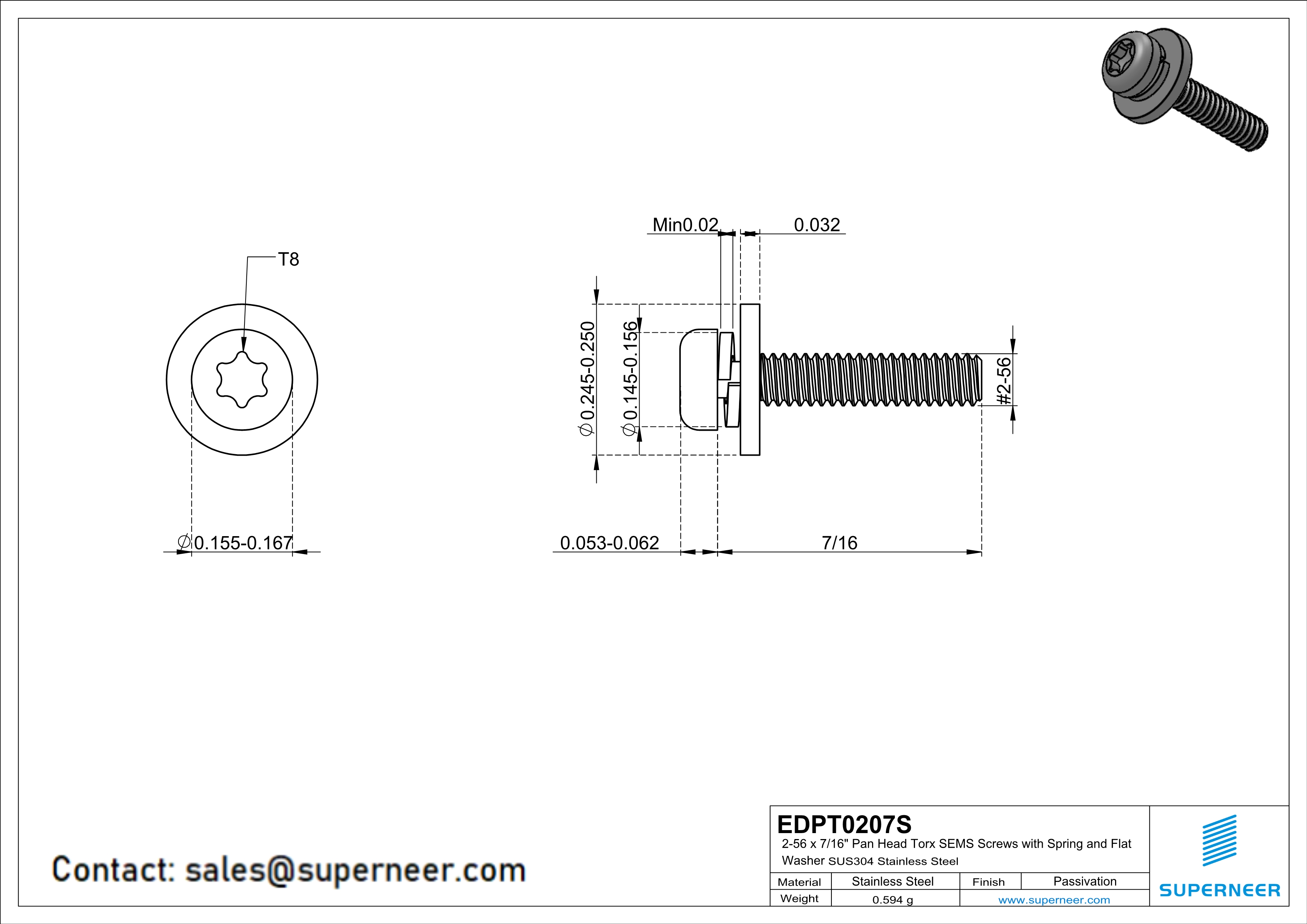 2-56 x 7/16" Pan Head Torx SEMS Screws with Spring and Flat Washer SUS304 Stainless Steel Inox