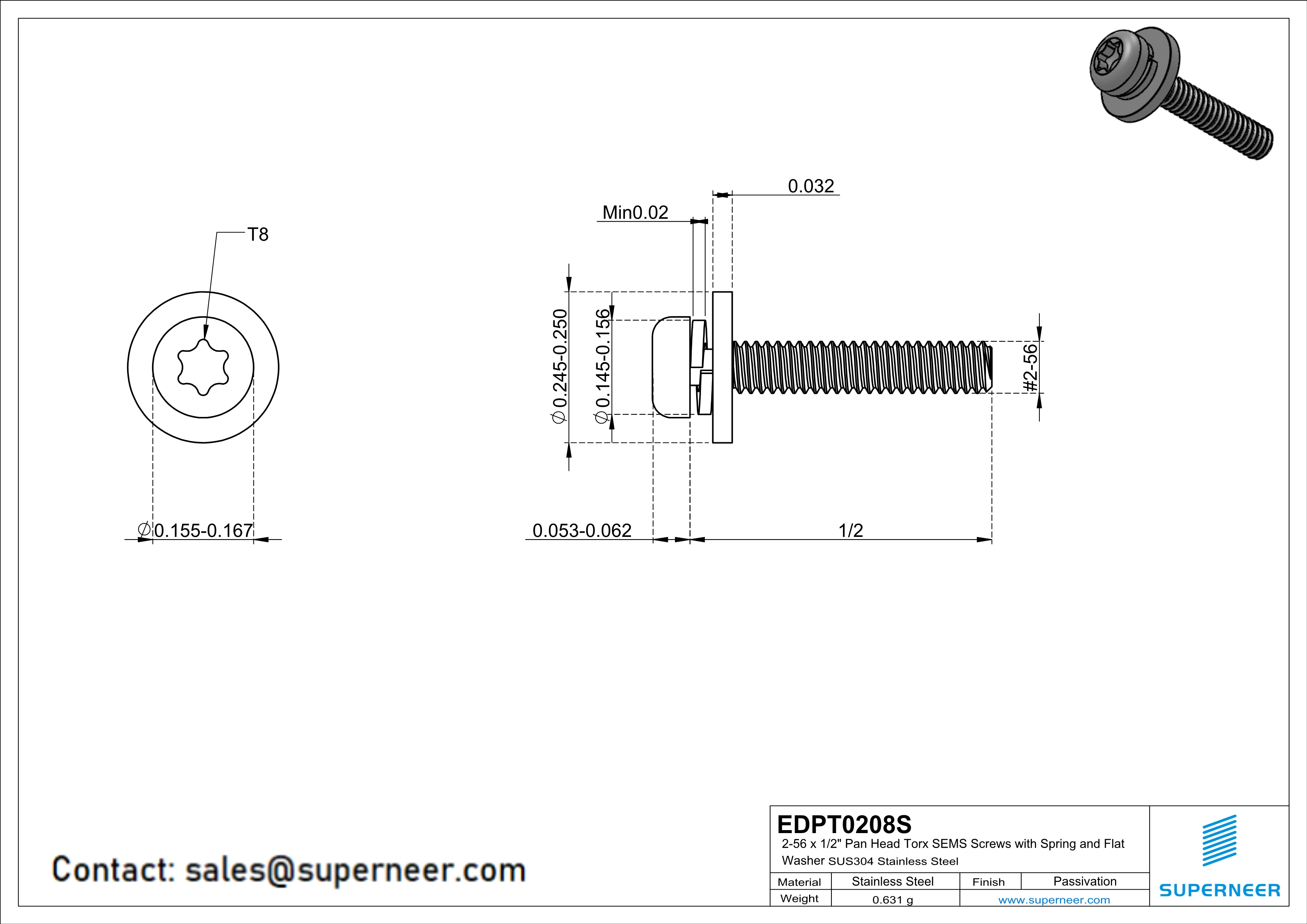 2-56 x 1/2" Pan Head Torx SEMS Screws with Spring and Flat Washer SUS304 Stainless Steel Inox