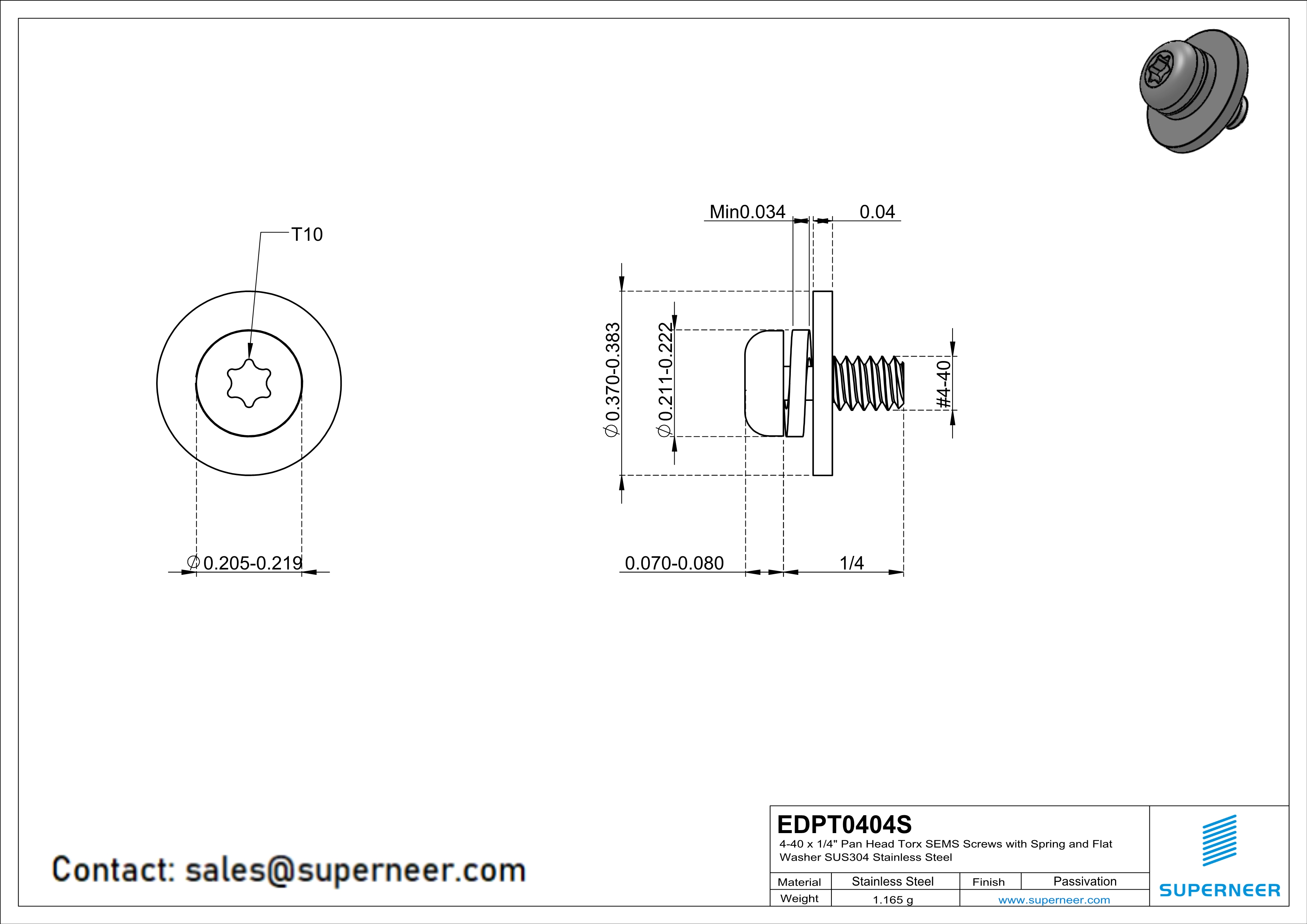 4-40 x 1/4" Pan Head Torx SEMS Screws with Spring and Flat Washer SUS304 Stainless Steel Inox