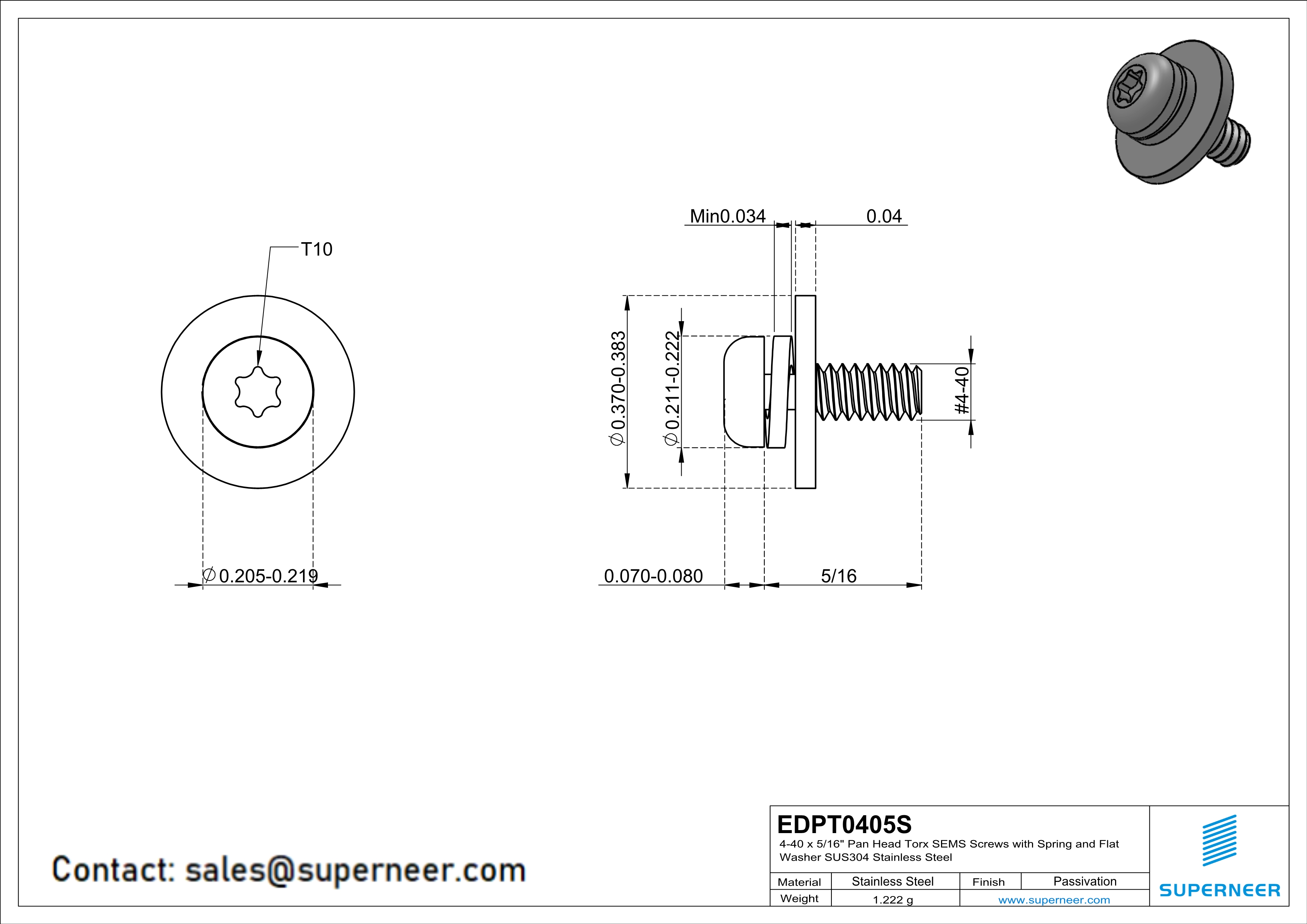 4-40 x 5/16" Pan Head Torx SEMS Screws with Spring and Flat Washer SUS304 Stainless Steel Inox