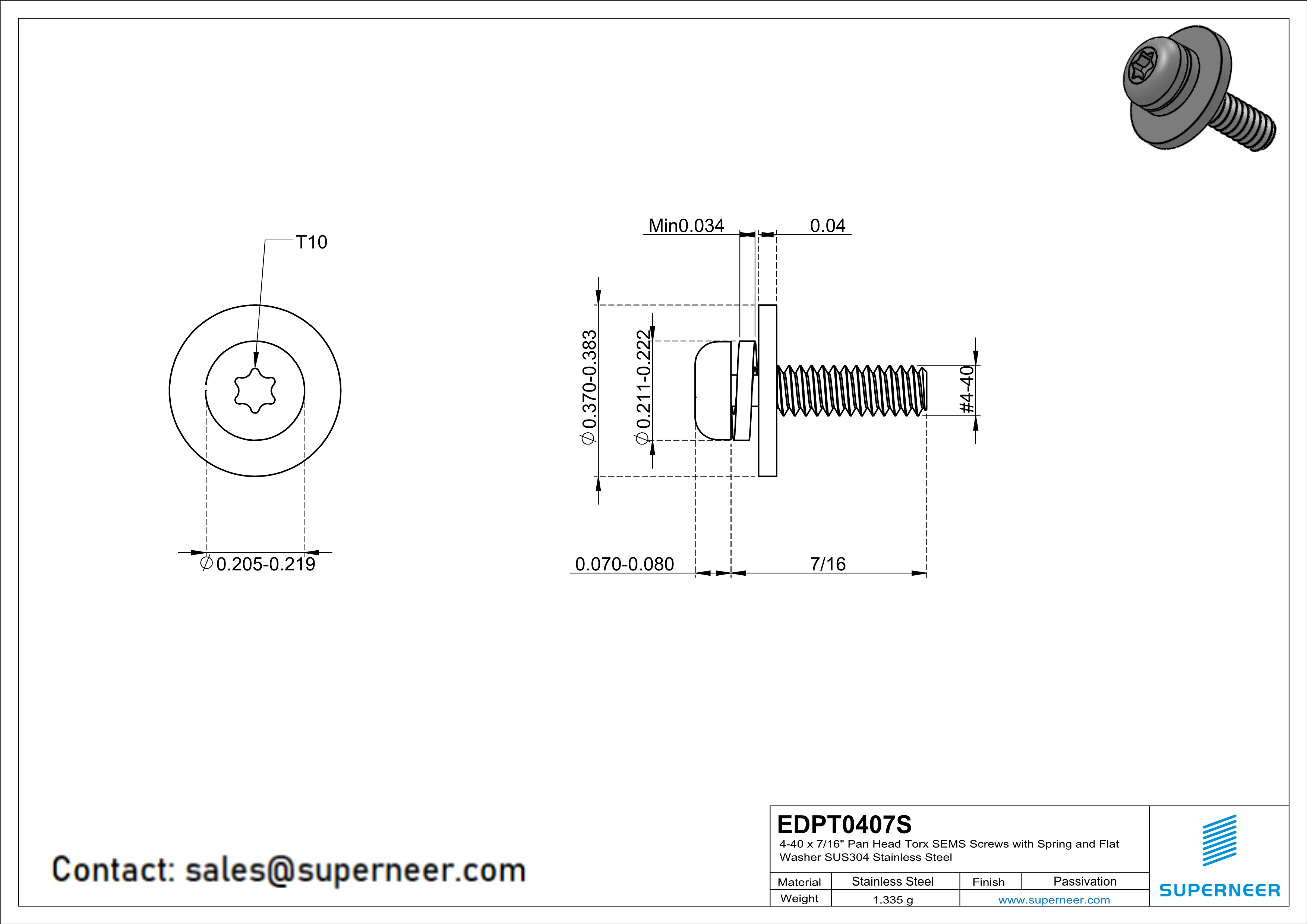 4-40 x 7/16" Pan Head Torx SEMS Screws with Spring and Flat Washer SUS304 Stainless Steel Inox