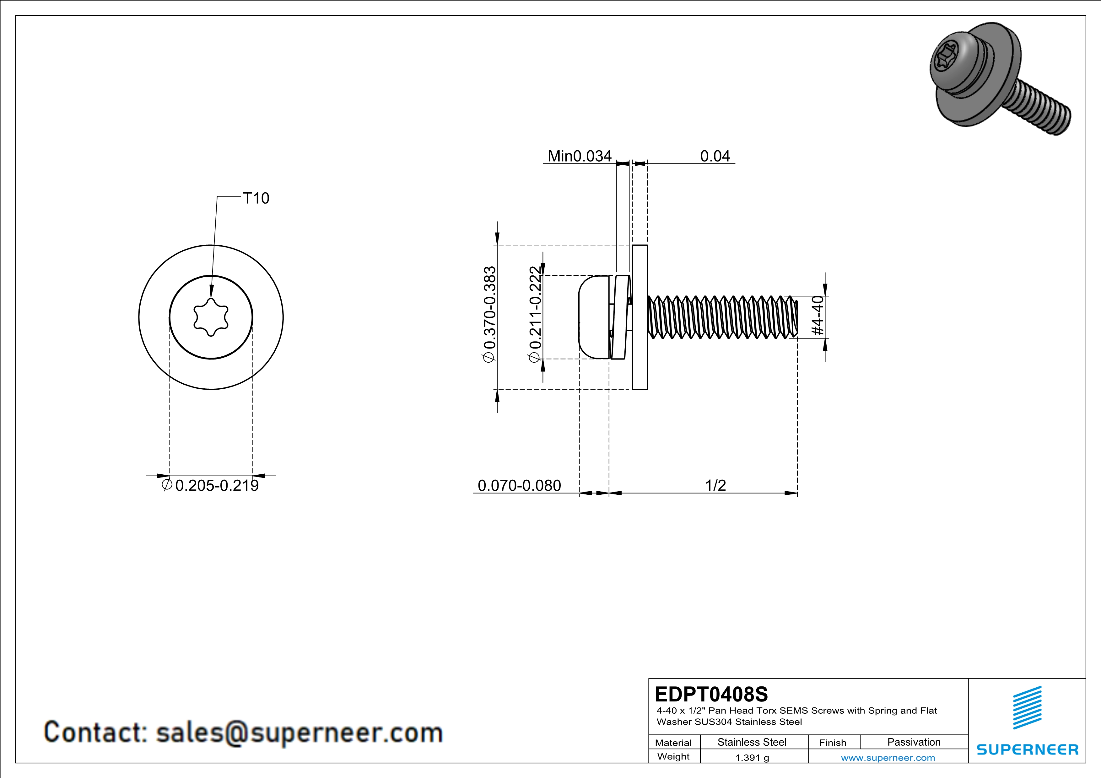 4-40 x 1/2" Pan Head Torx SEMS Screws with Spring and Flat Washer SUS304 Stainless Steel Inox