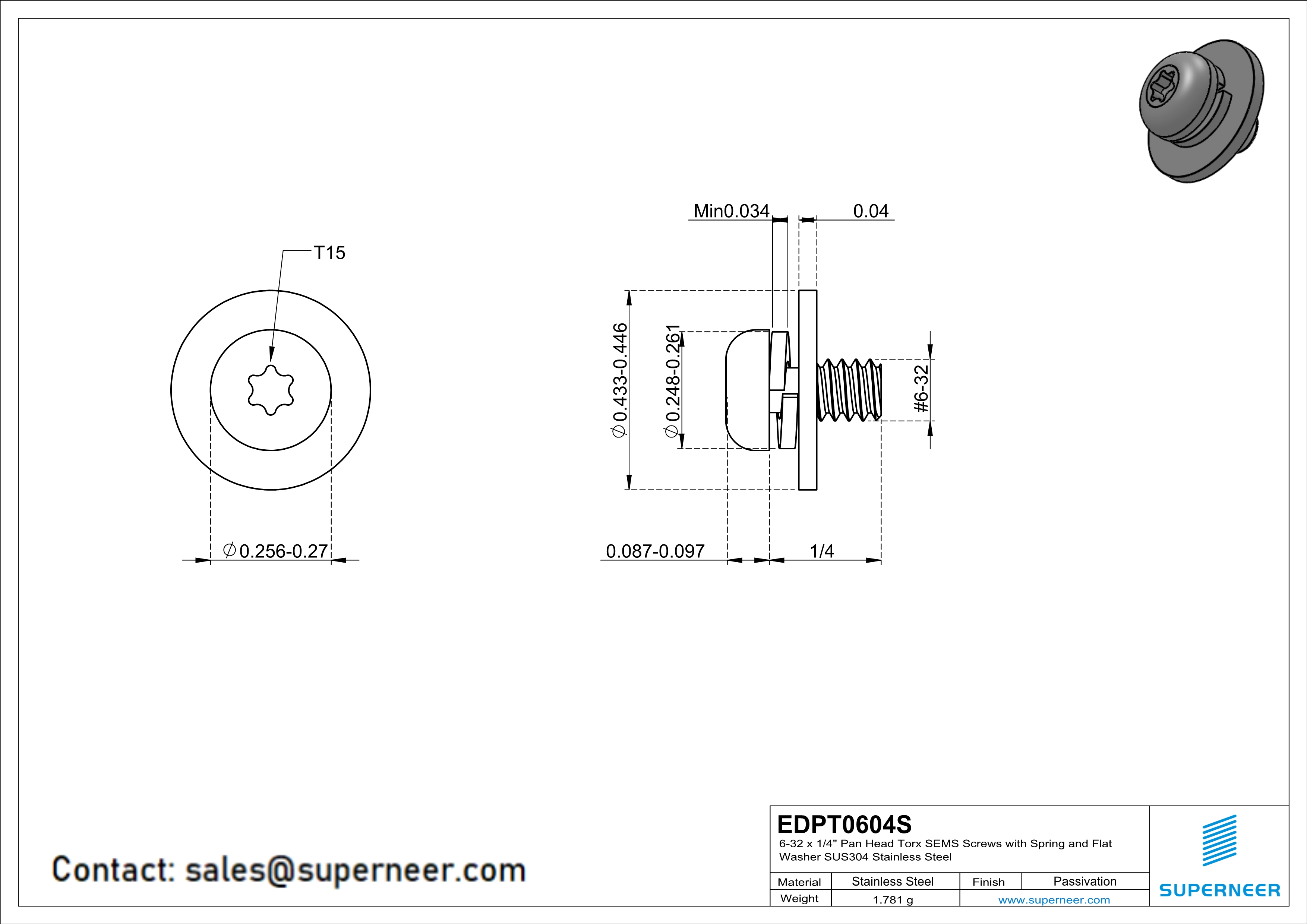 6-32 x 1/4" Pan Head Torx SEMS Screws with Spring and Flat Washer SUS304 Stainless Steel Inox