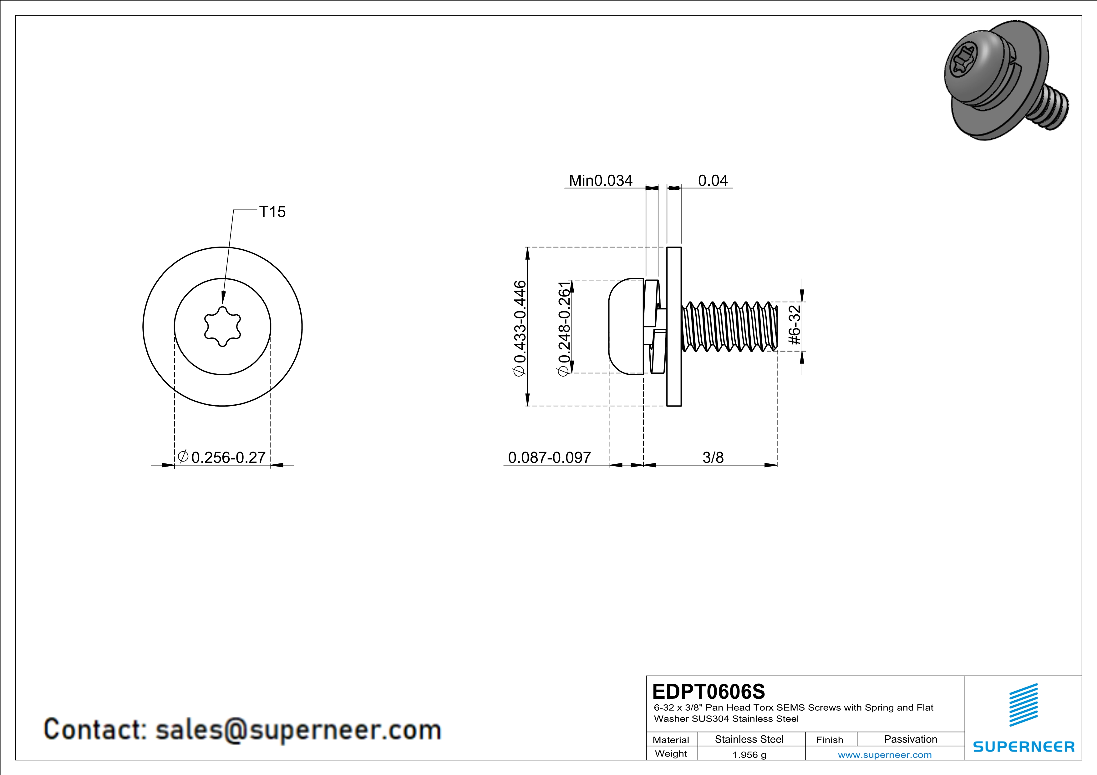 6-32 x 3/8" Pan Head Torx SEMS Screws with Spring and Flat Washer SUS304 Stainless Steel Inox