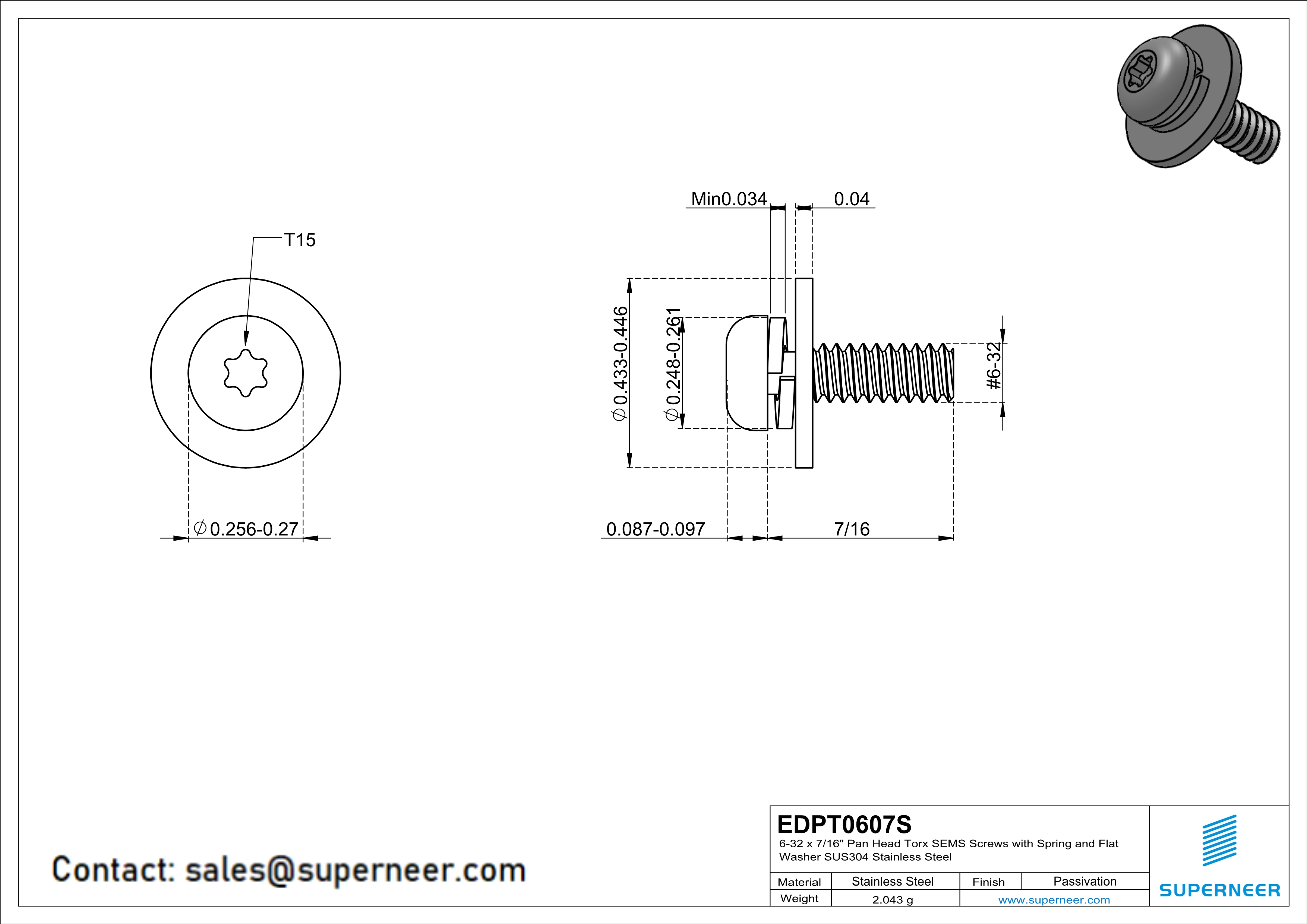 6-32 x 7/16" Pan Head Torx SEMS Screws with Spring and Flat Washer SUS304 Stainless Steel Inox