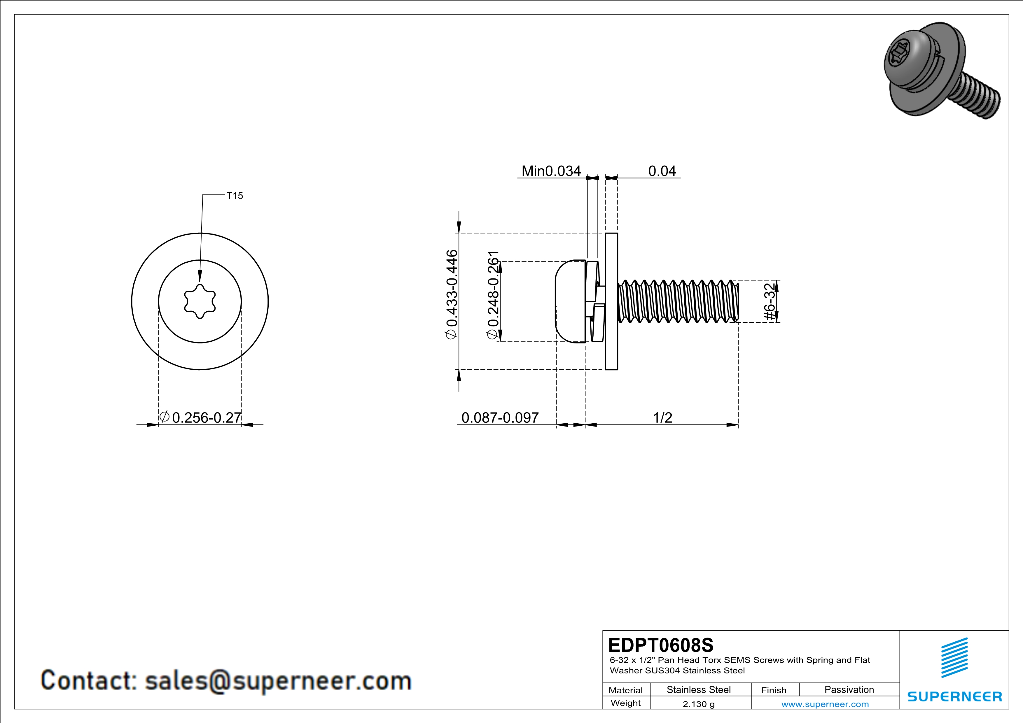 6-32 x 1/2" Pan Head Torx SEMS Screws with Spring and Flat Washer SUS304 Stainless Steel Inox