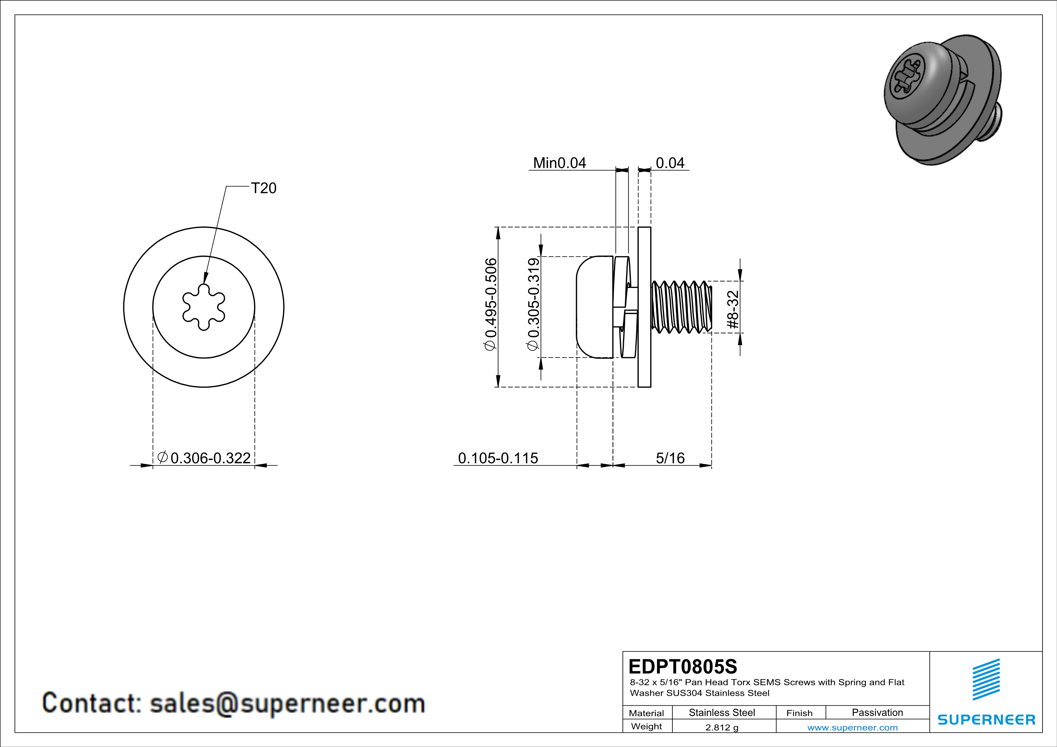 8-32 x 5/16" Pan Head Torx SEMS Screws with Spring and Flat Washer SUS304 Stainless Steel Inox