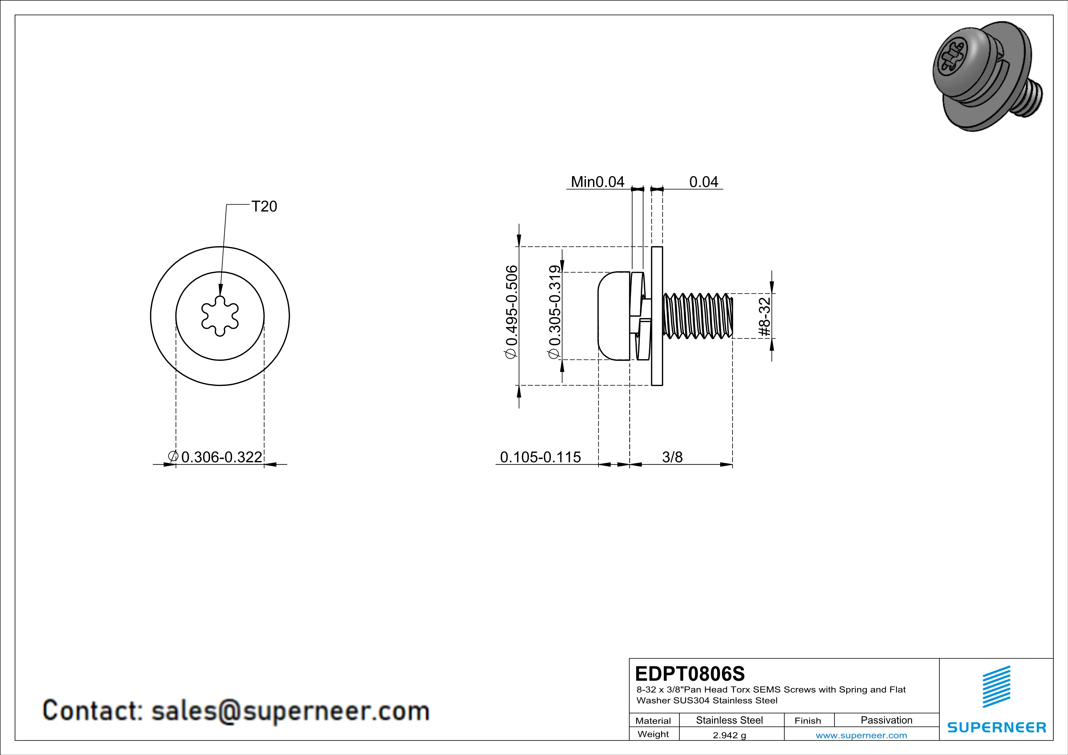 8-32 x 3/8" Pan Head Torx SEMS Screws with Spring and Flat Washer SUS304 Stainless Steel Inox