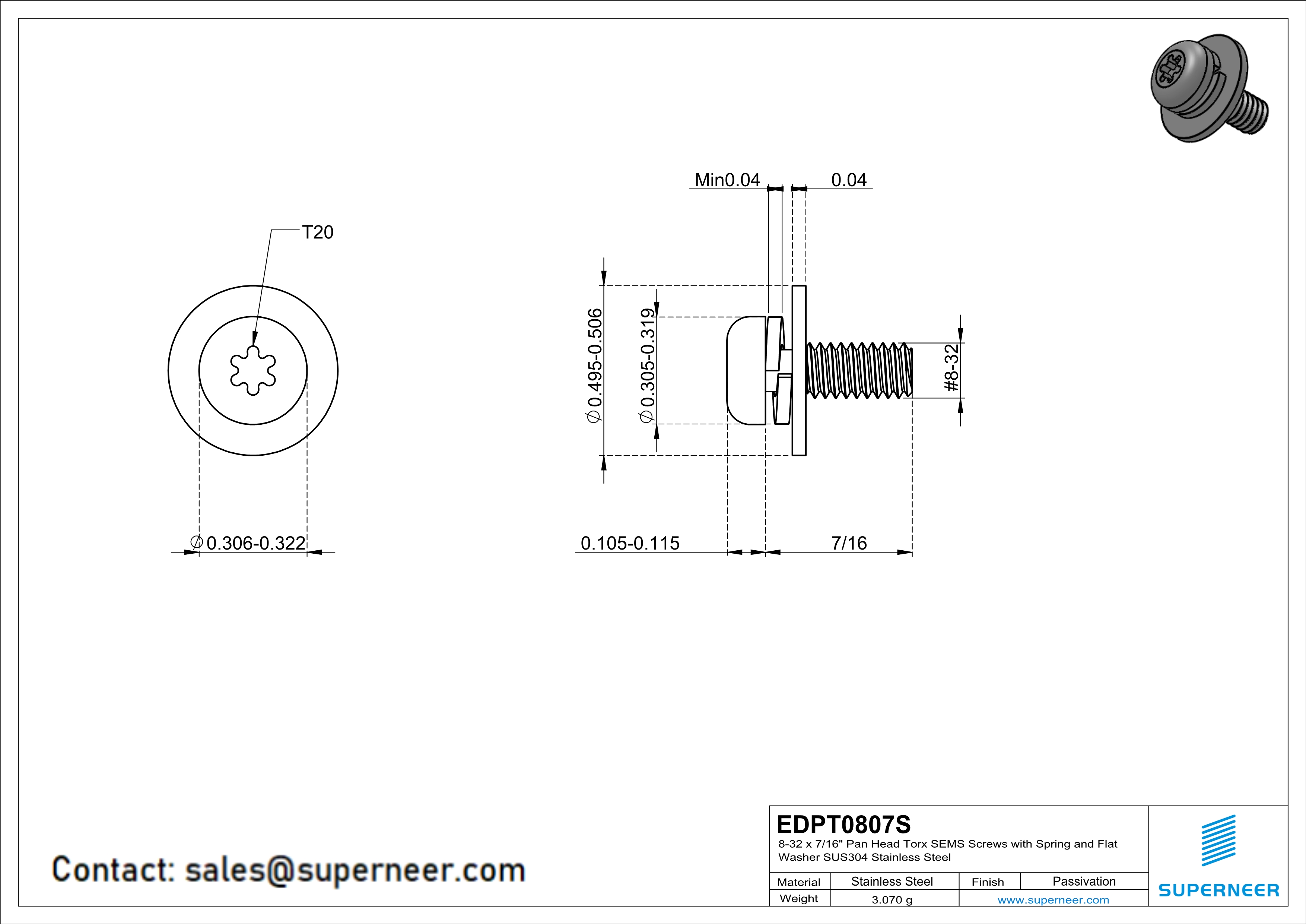 8-32 x 7/16" Pan Head Torx SEMS Screws with Spring and Flat Washer SUS304 Stainless Steel Inox