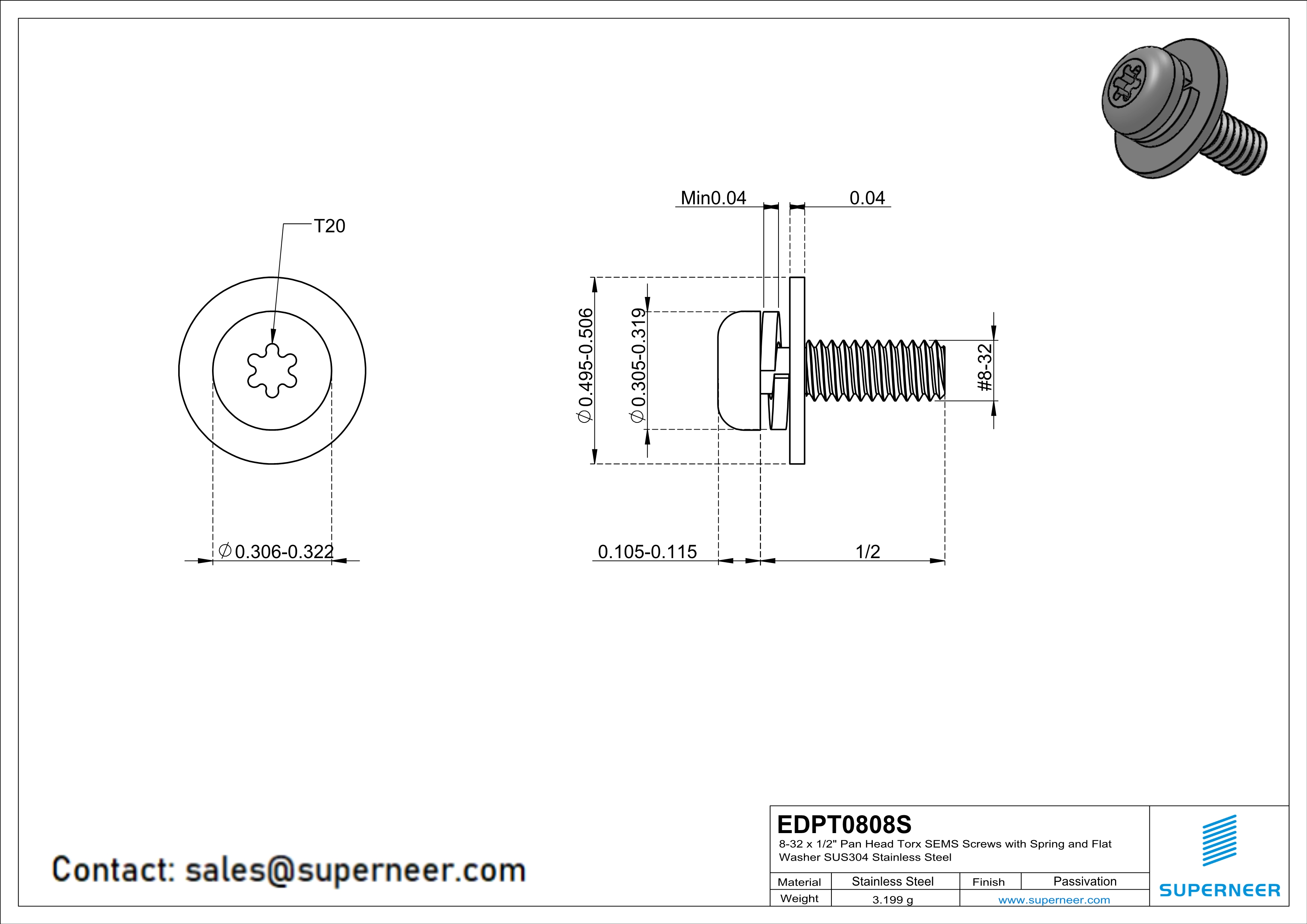 8-32 x 1/2" Pan Head Torx SEMS Screws with Spring and Flat Washer SUS304 Stainless Steel Inox