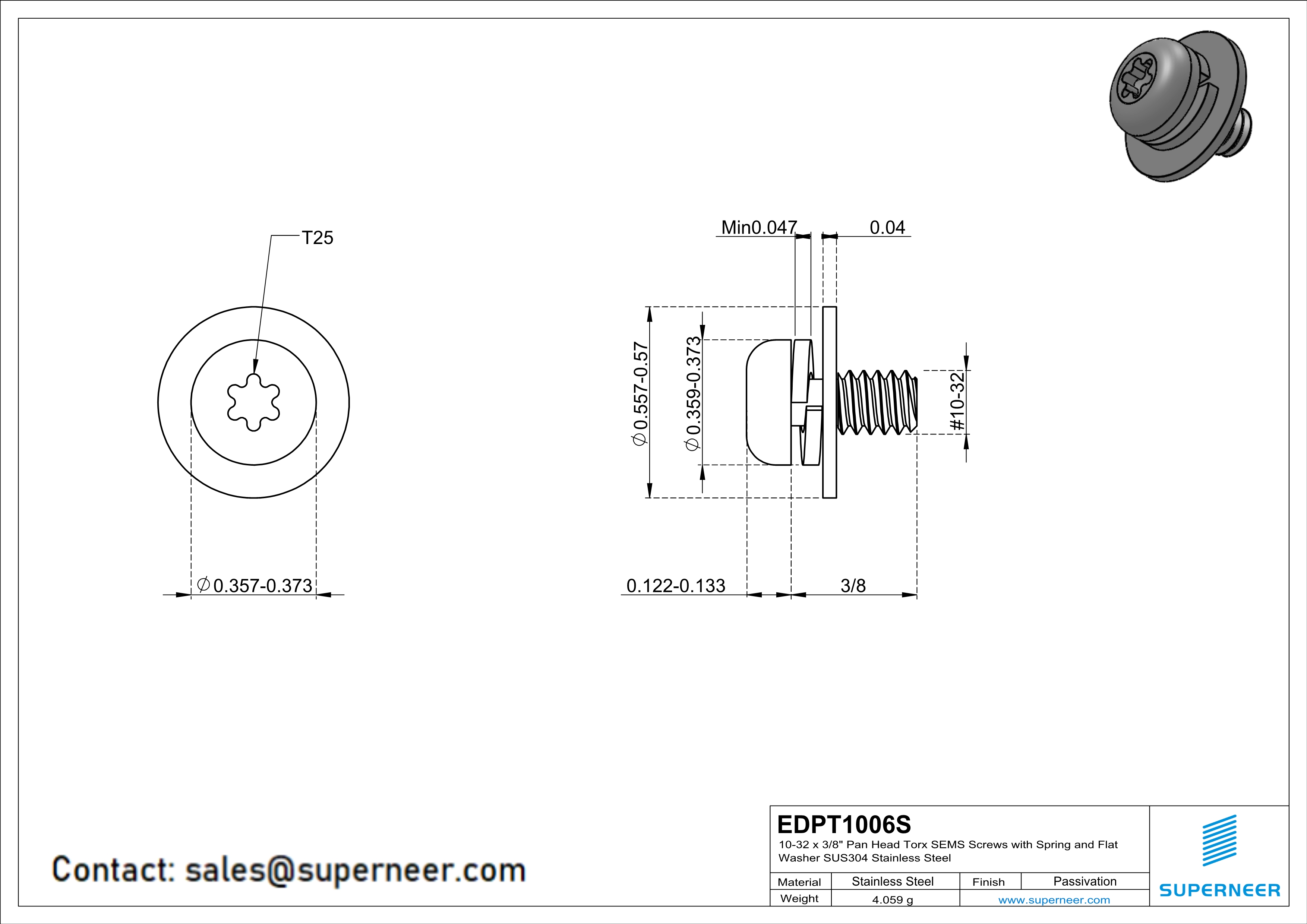 10-32 x 3/8" Pan Head Torx SEMS Screws with Spring and Flat Washer SUS304 Stainless Steel Inox