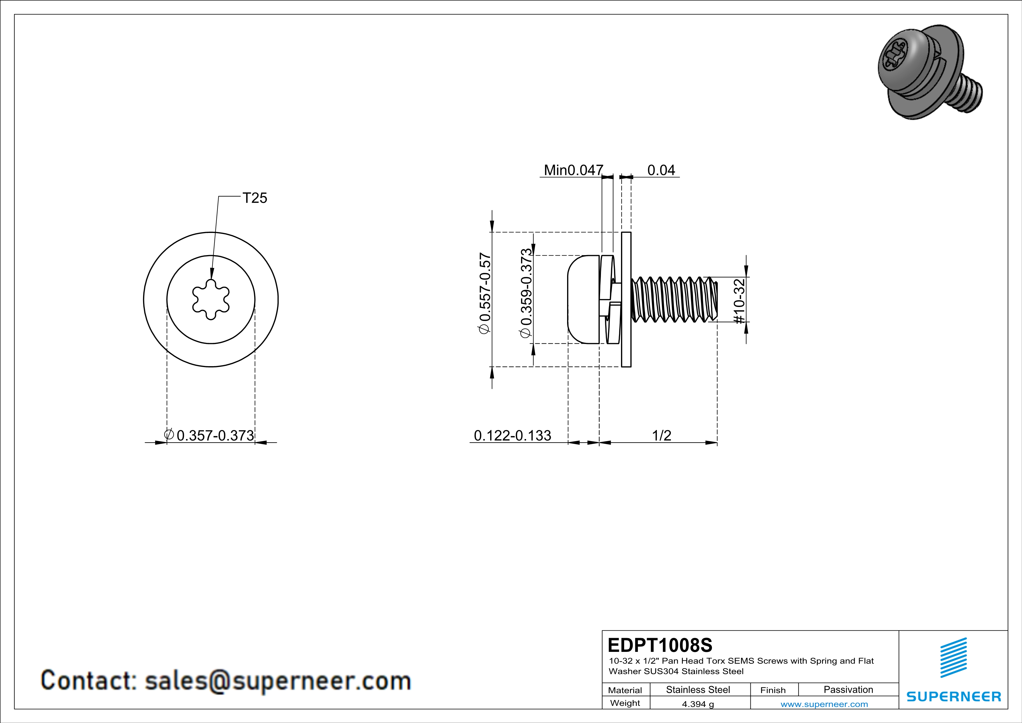 10-32 x 1/2" Pan Head Torx SEMS Screws with Spring and Flat Washer SUS304 Stainless Steel Inox