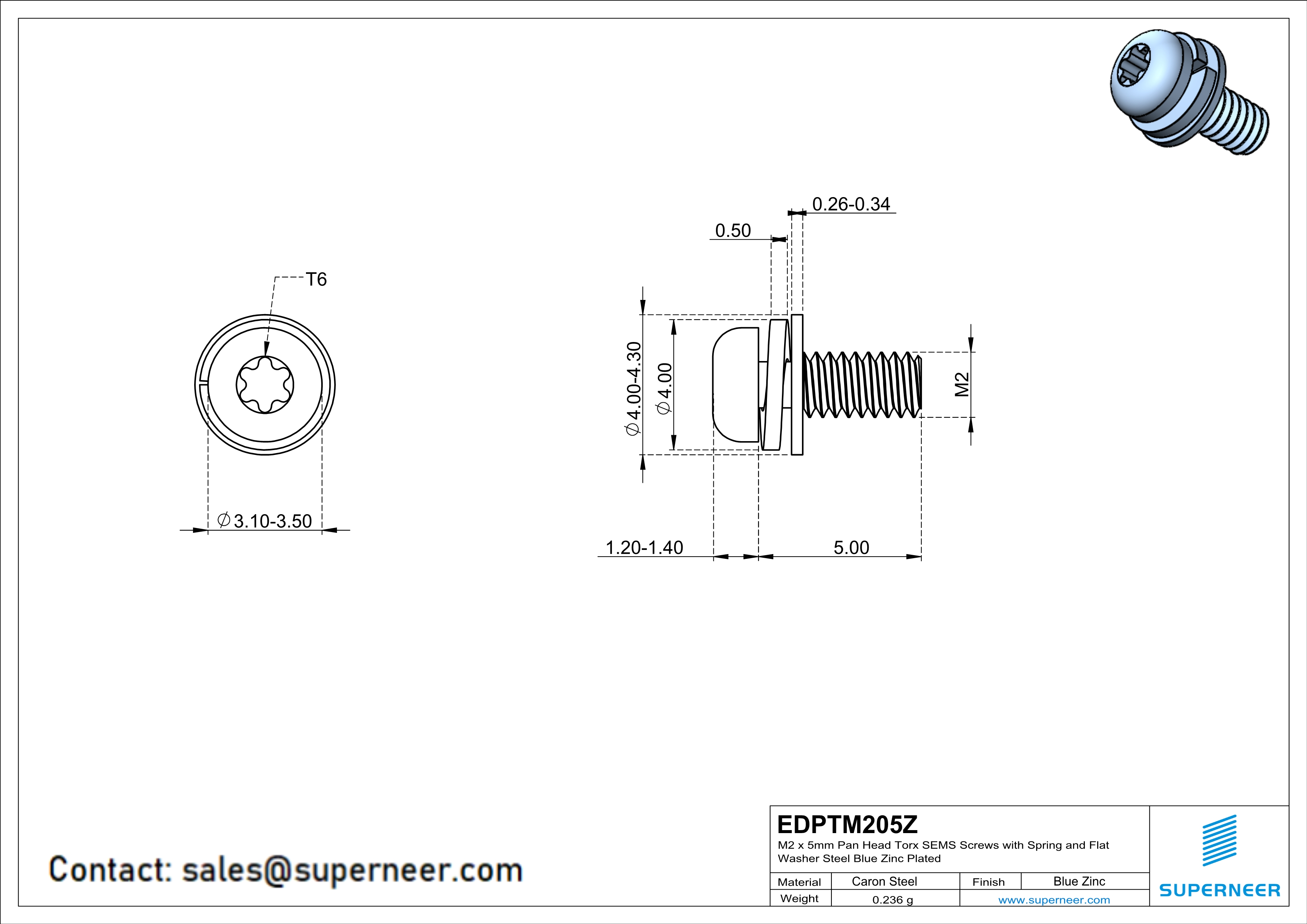 M2 x 5mm Pan Head Torx SEMS Screws with Spring and Flat Washer Steel Blue Zinc Plated