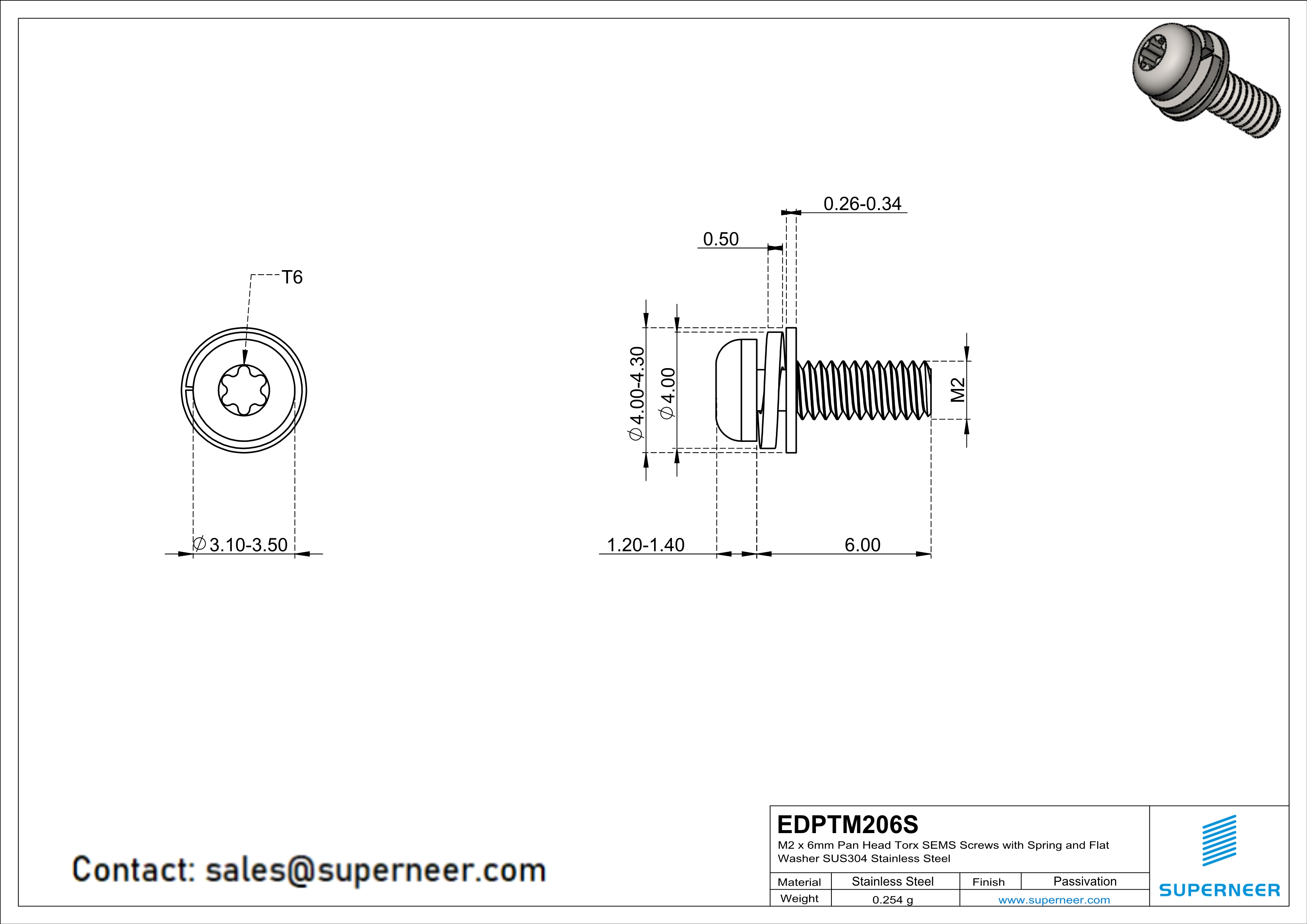 M2 x 6mm Pan Head Torx SEMS Screws with Spring and Flat Washer SUS304 Stainless Steel Inox