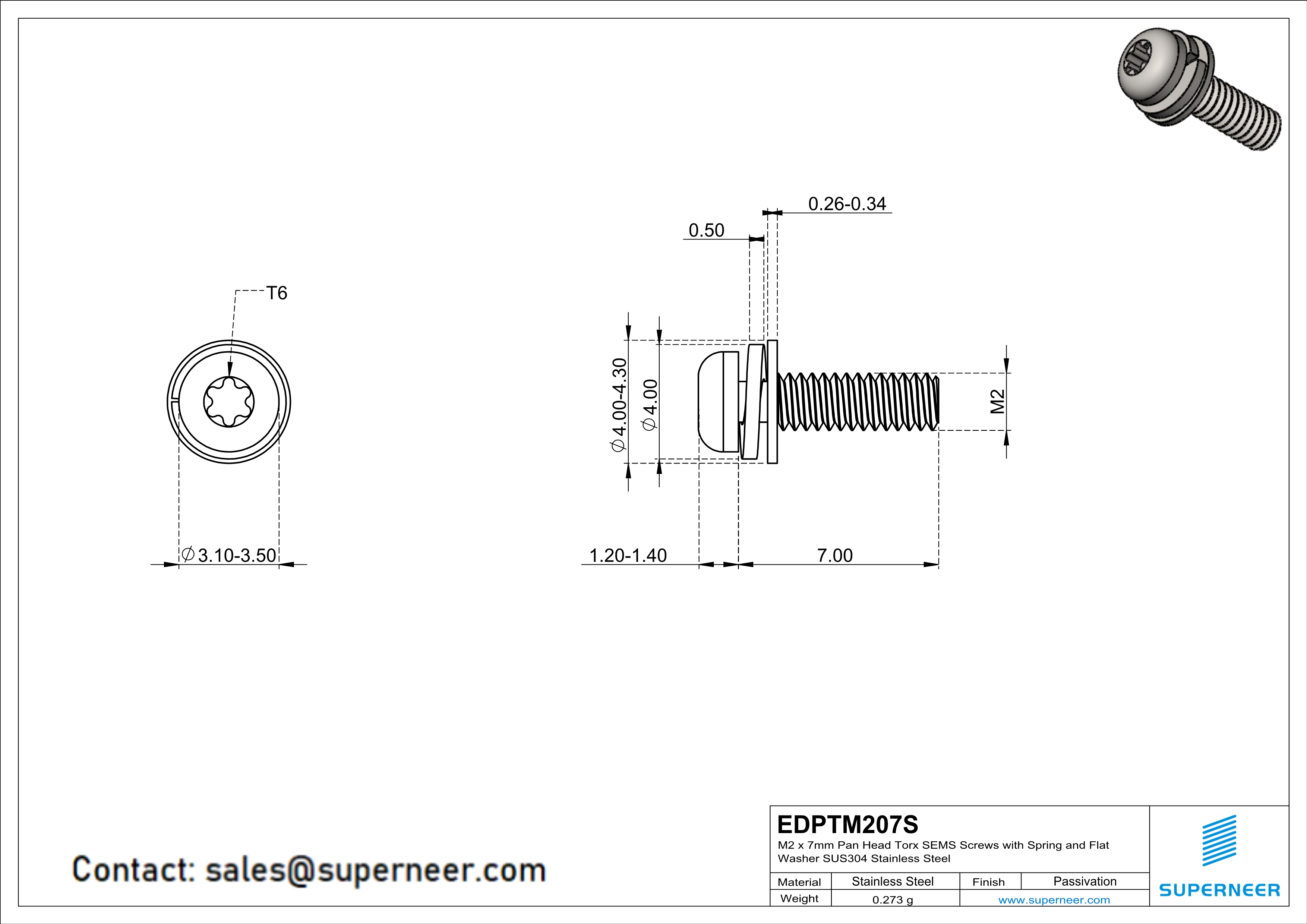 M2 x 7mm Pan Head Torx SEMS Screws with Spring and Flat Washer SUS304 Stainless Steel Inox