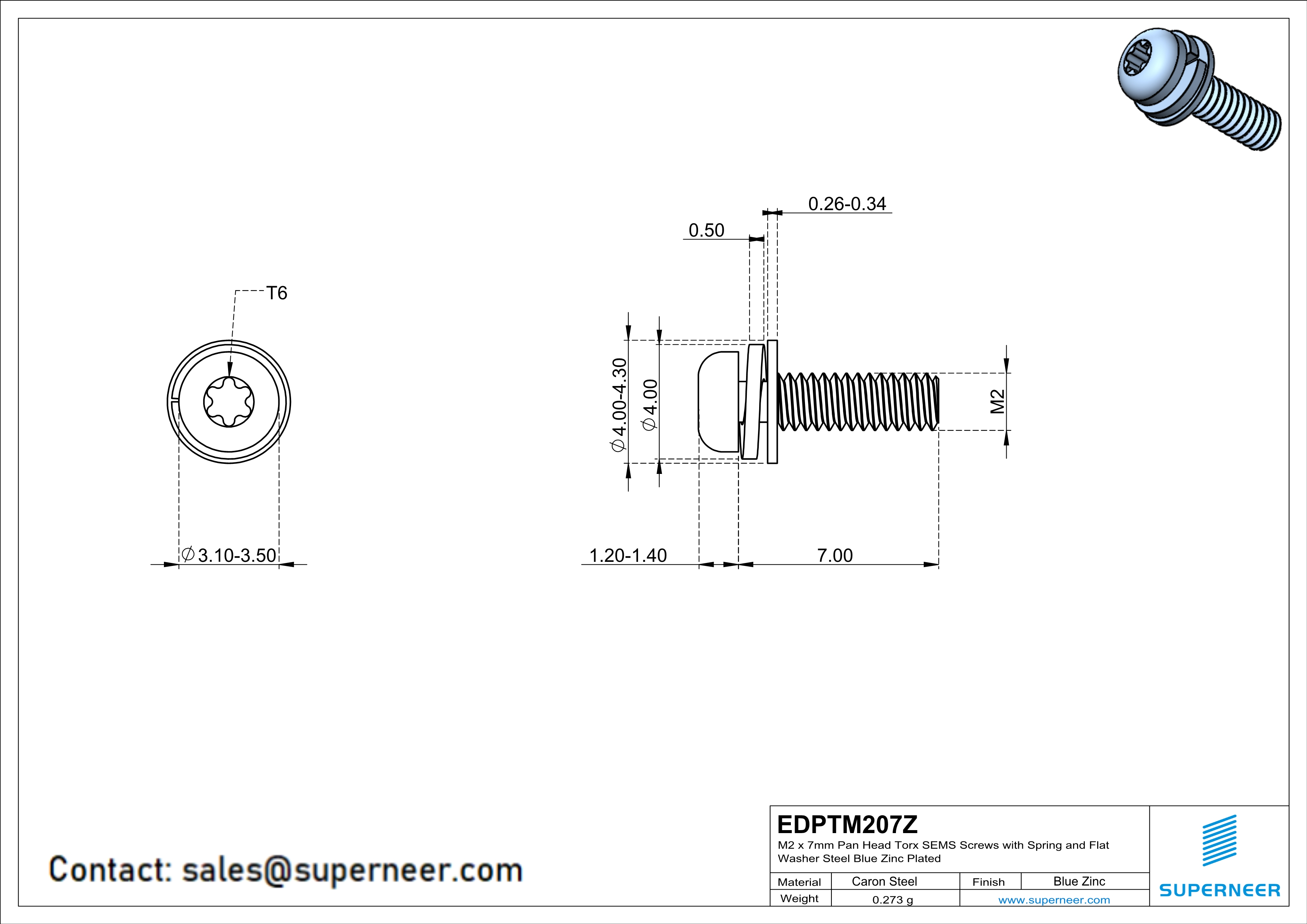 M2 x 7mm Pan Head Torx SEMS Screws with Spring and Flat Washer Steel Blue Zinc Plated