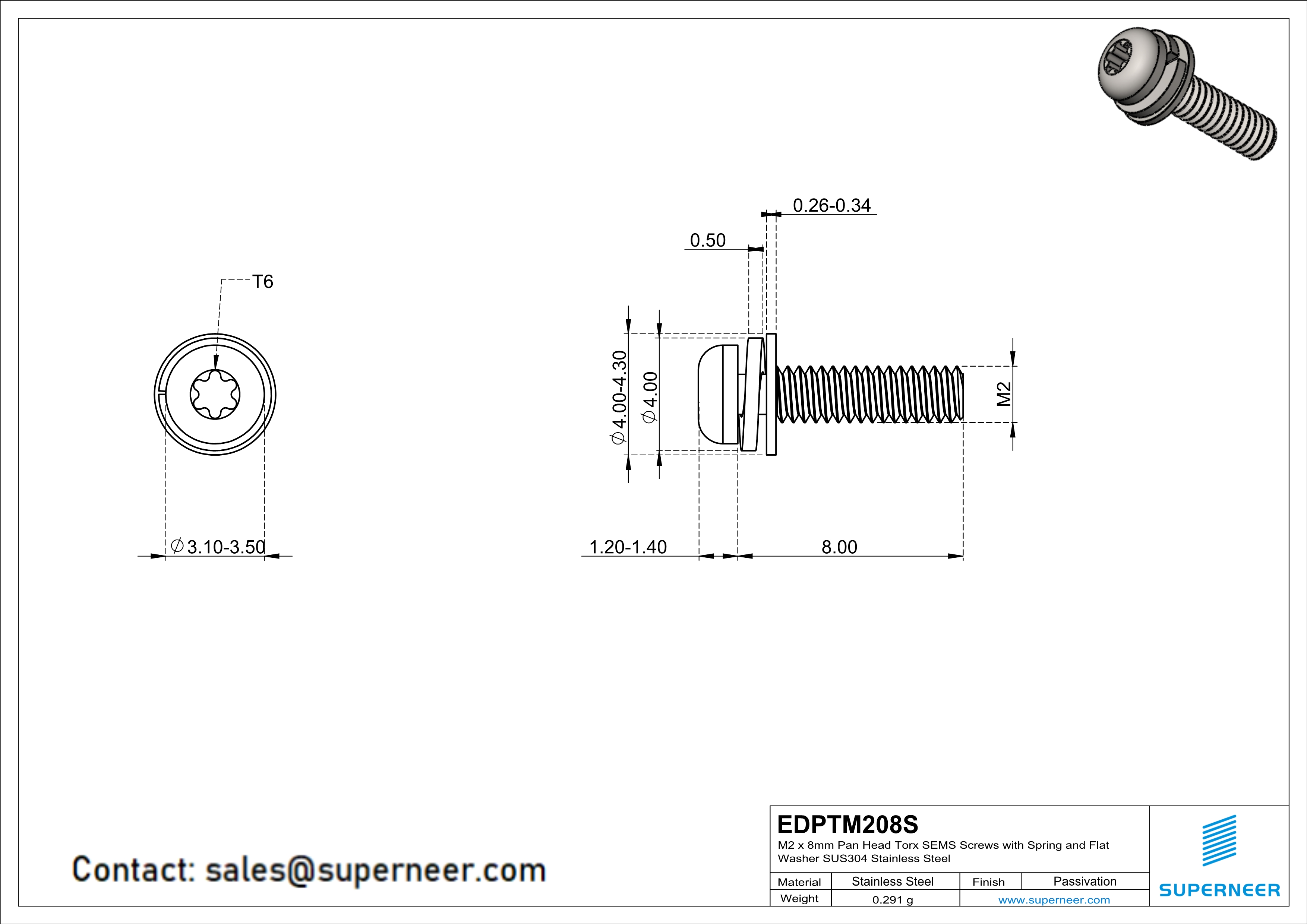 M2 x 8mm Pan Head Torx SEMS Screws with Spring and Flat Washer SUS304 Stainless Steel Inox