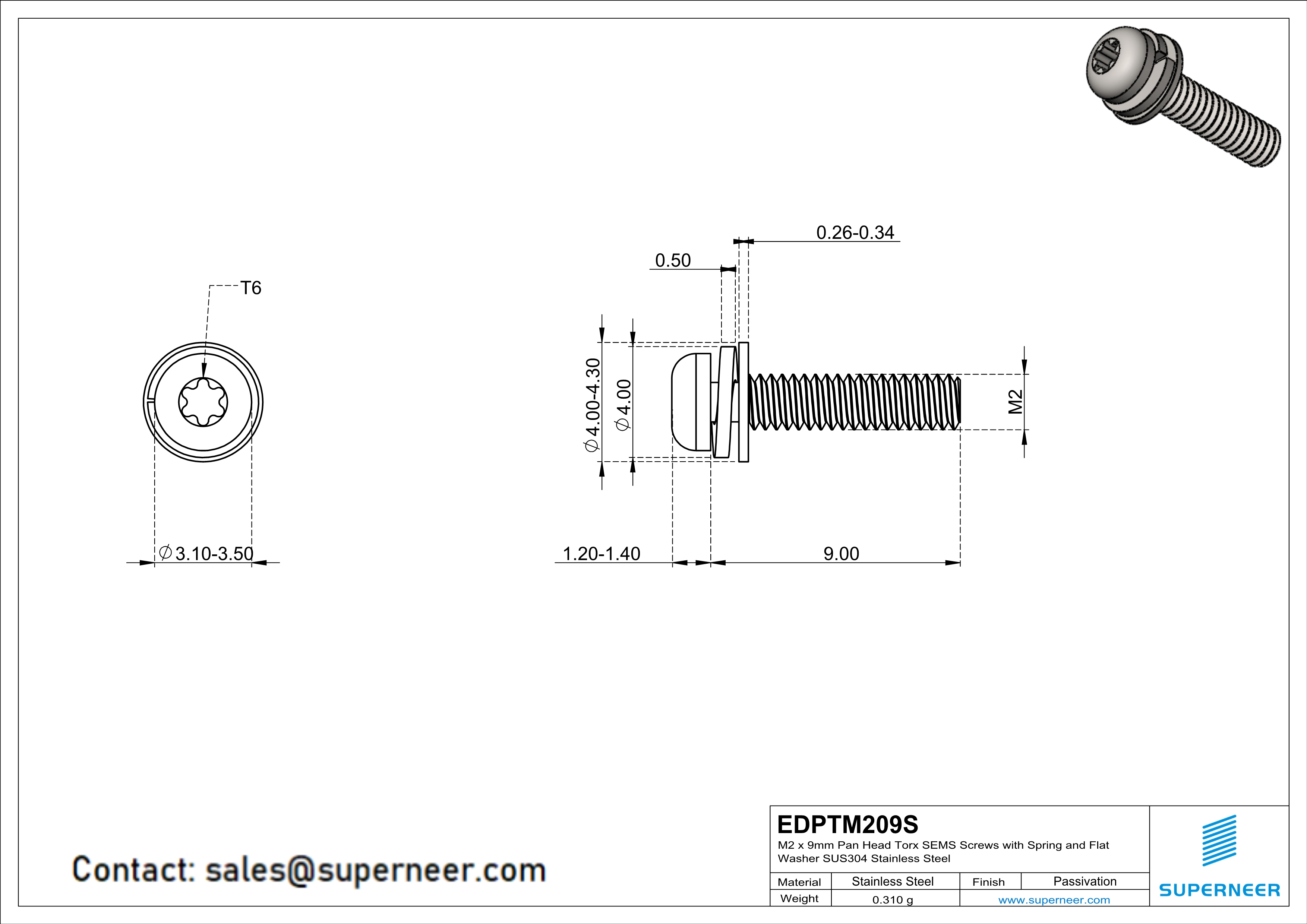 M2 x 9mm Pan Head Torx SEMS Screws with Spring and Flat Washer SUS304 Stainless Steel Inox