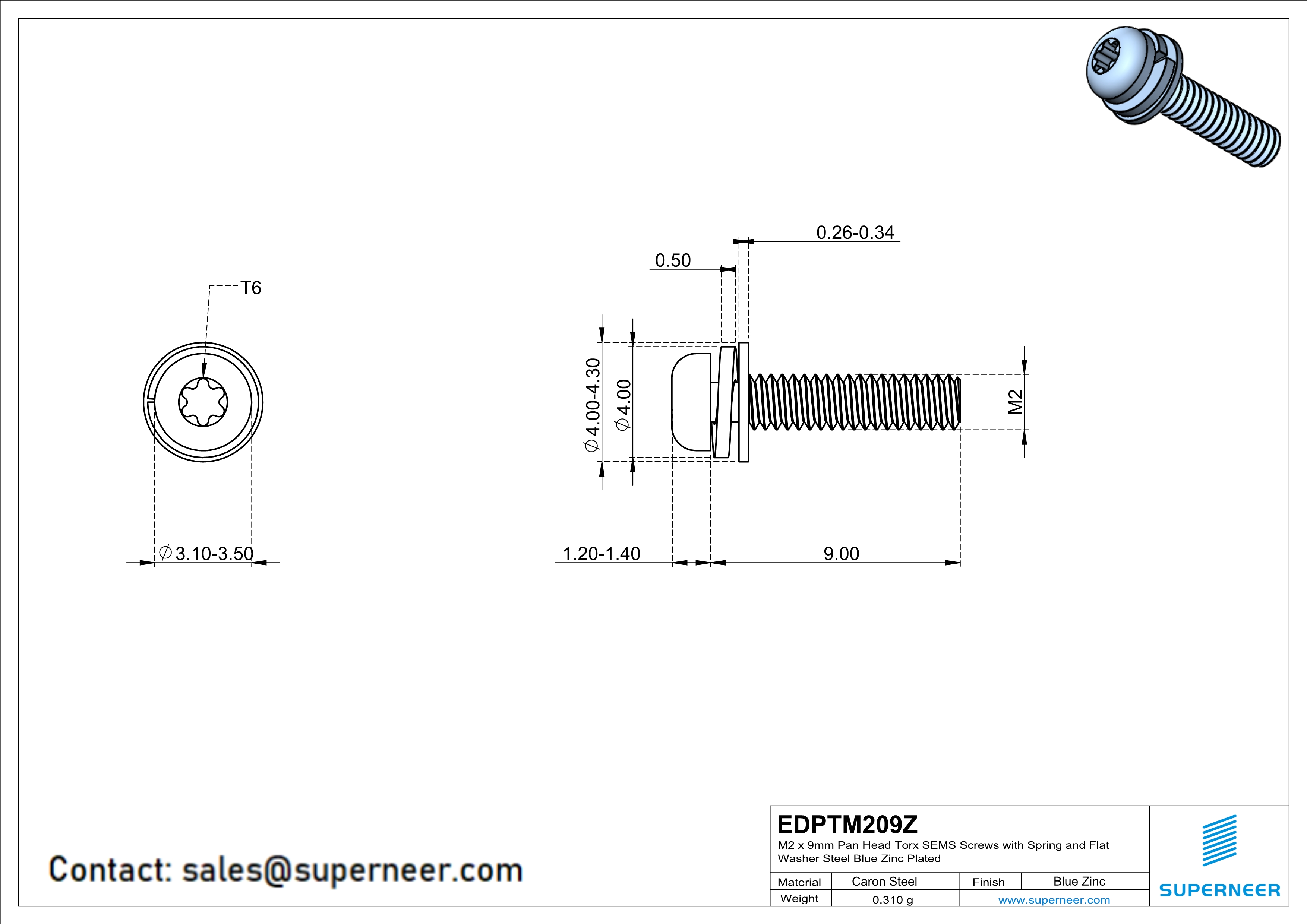 M2 x 9mm Pan Head Torx SEMS Screws with Spring and Flat Washer Steel Blue Zinc Plated