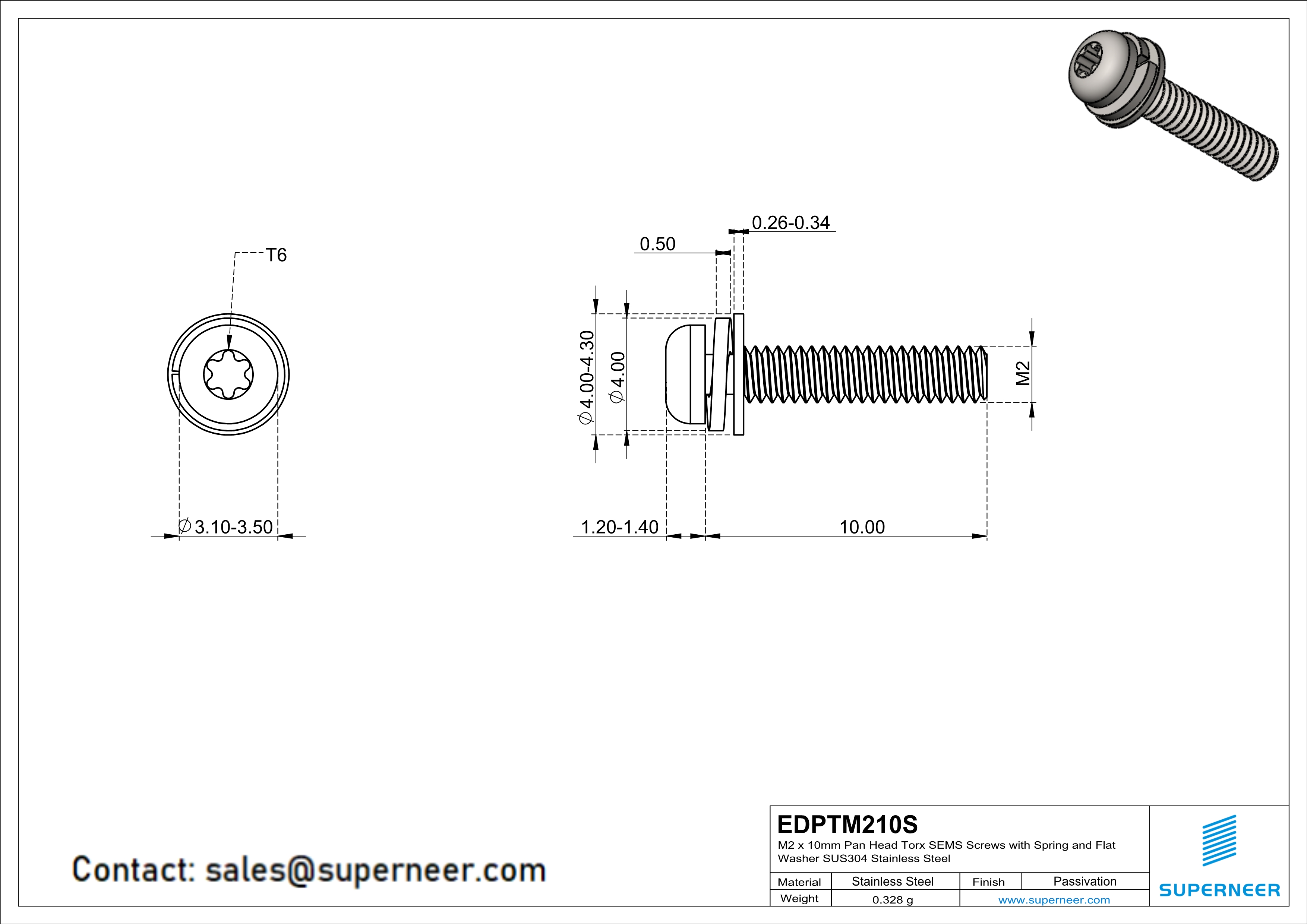 M2 x 10mm Pan Head Torx SEMS Screws with Spring and Flat Washer SUS304 Stainless Steel Inox