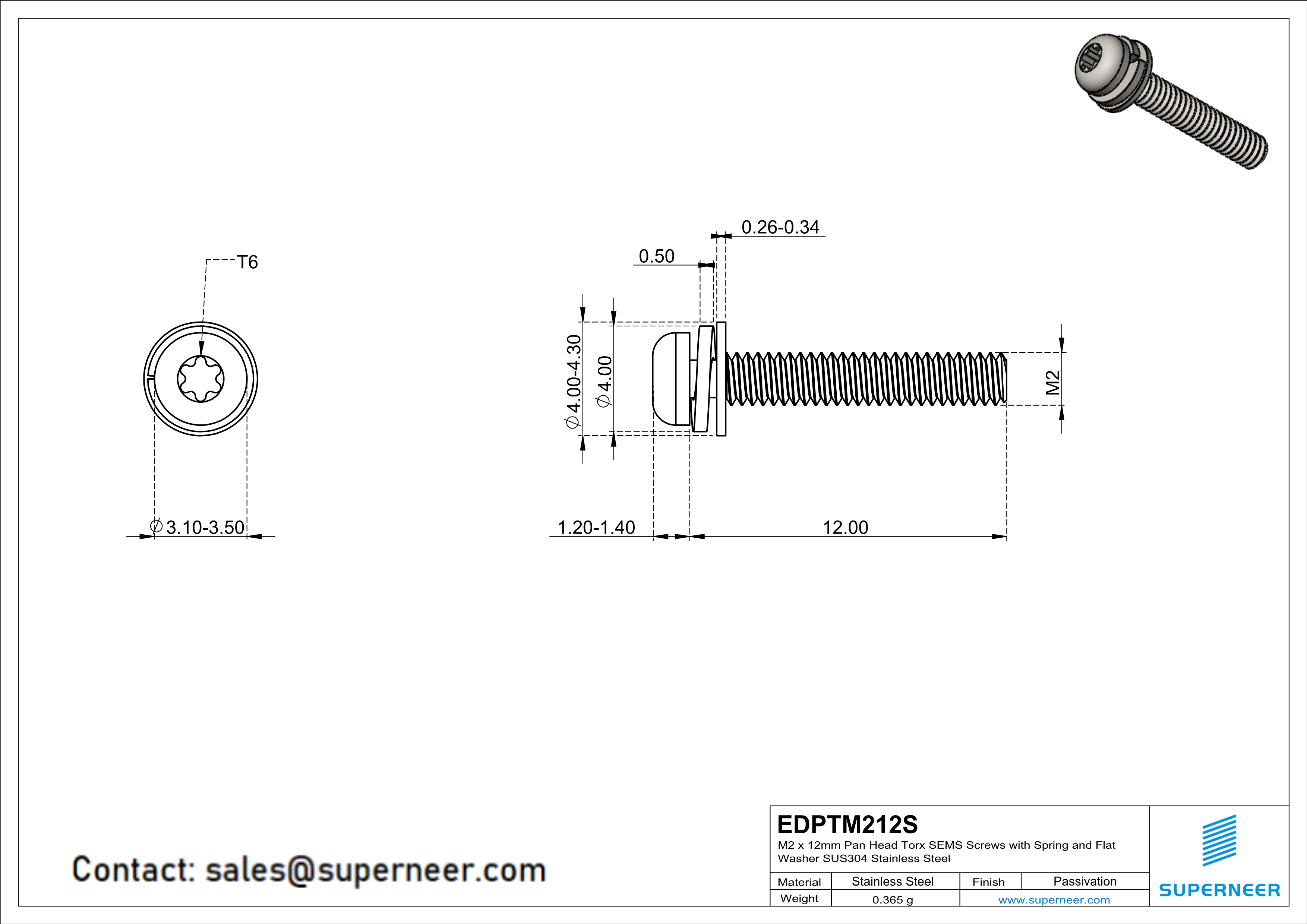 M2 x 12mm Pan Head Torx SEMS Screws with Spring and Flat Washer SUS304 Stainless Steel Inox