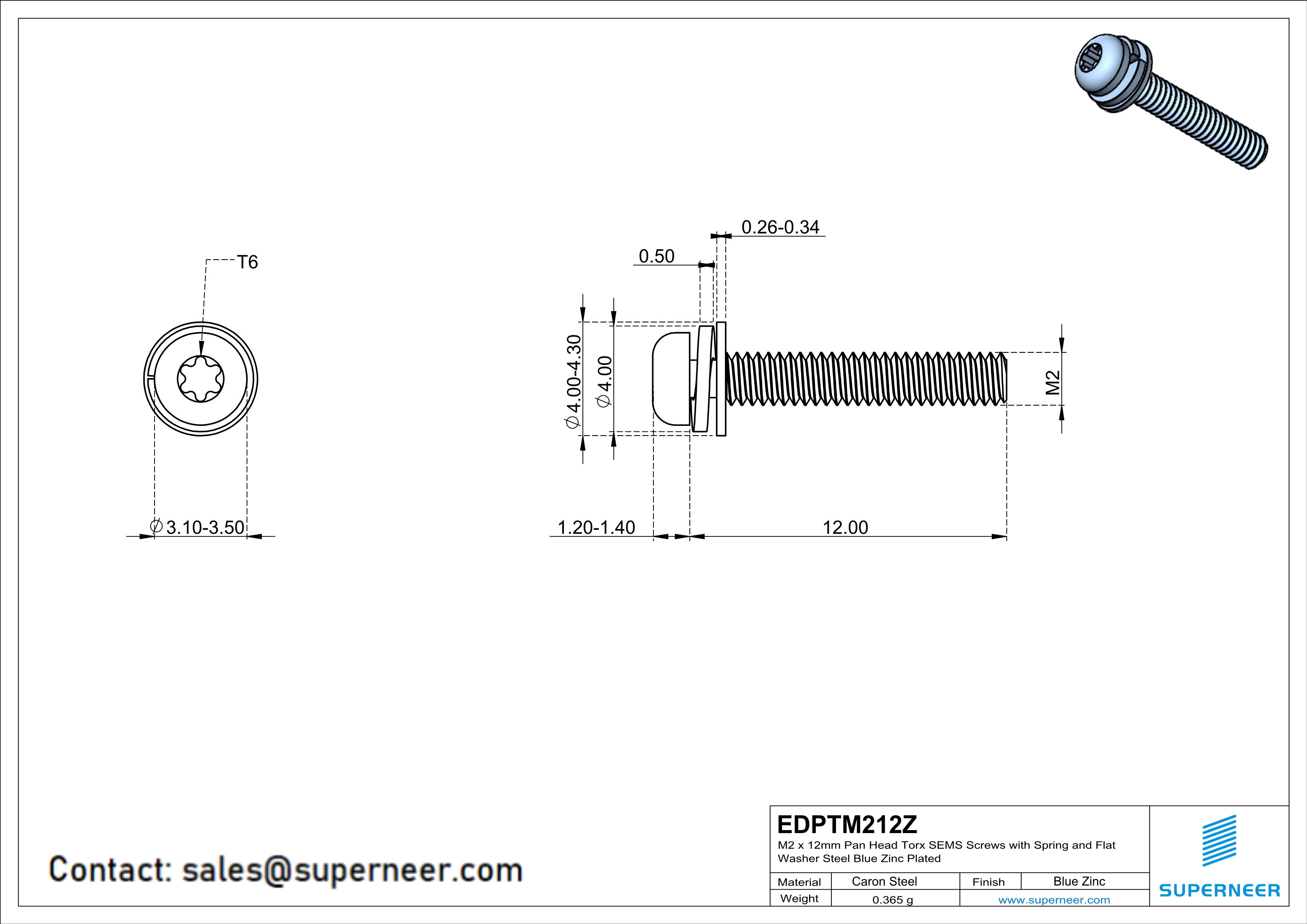 M2 x 12mm Pan Head Torx SEMS Screws with Spring and Flat Washer Steel Blue Zinc Plated