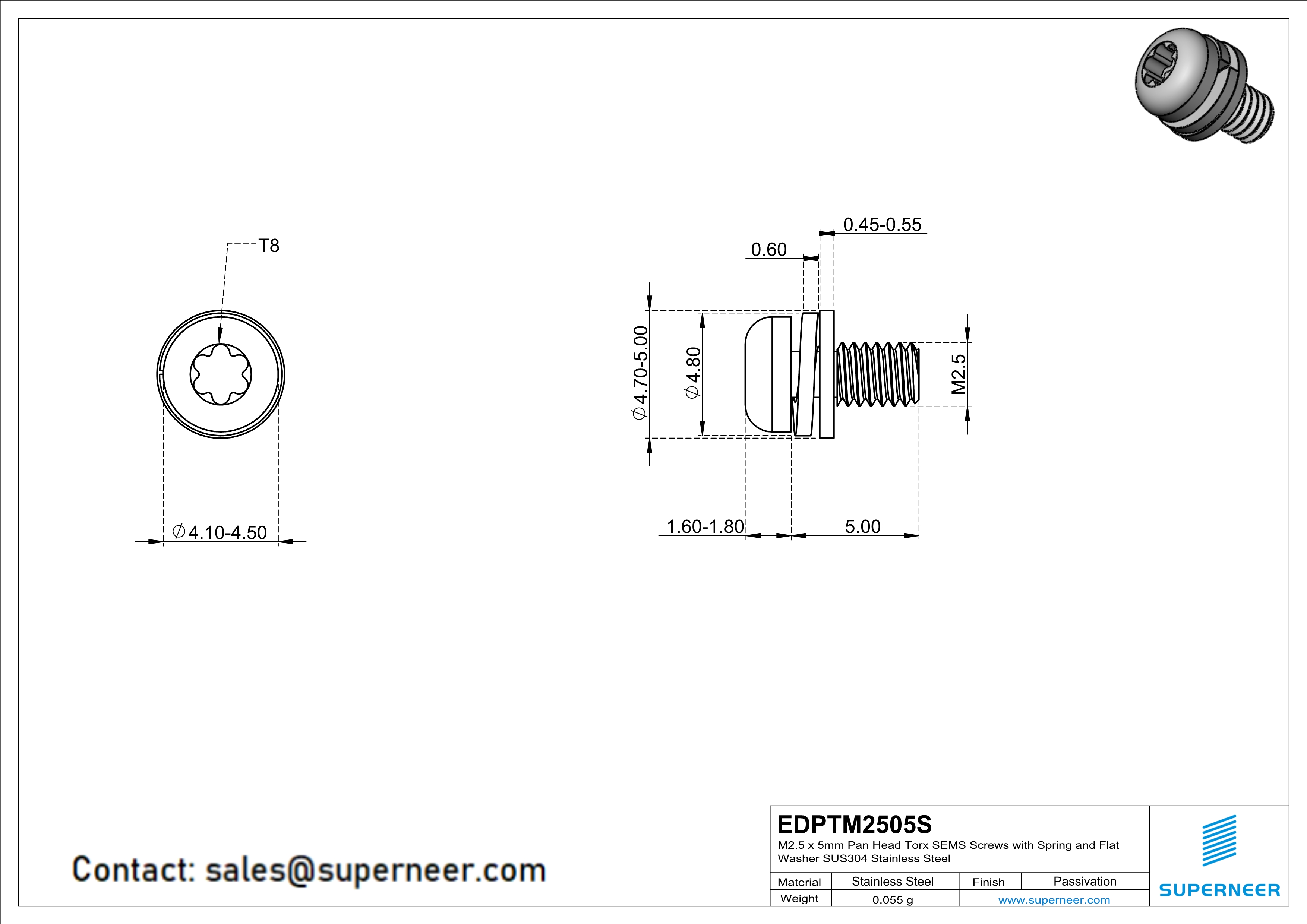 M2.5 x 5mm Pan Head Torx SEMS Screws with Spring and Flat Washer SUS304 Stainless Steel Inox