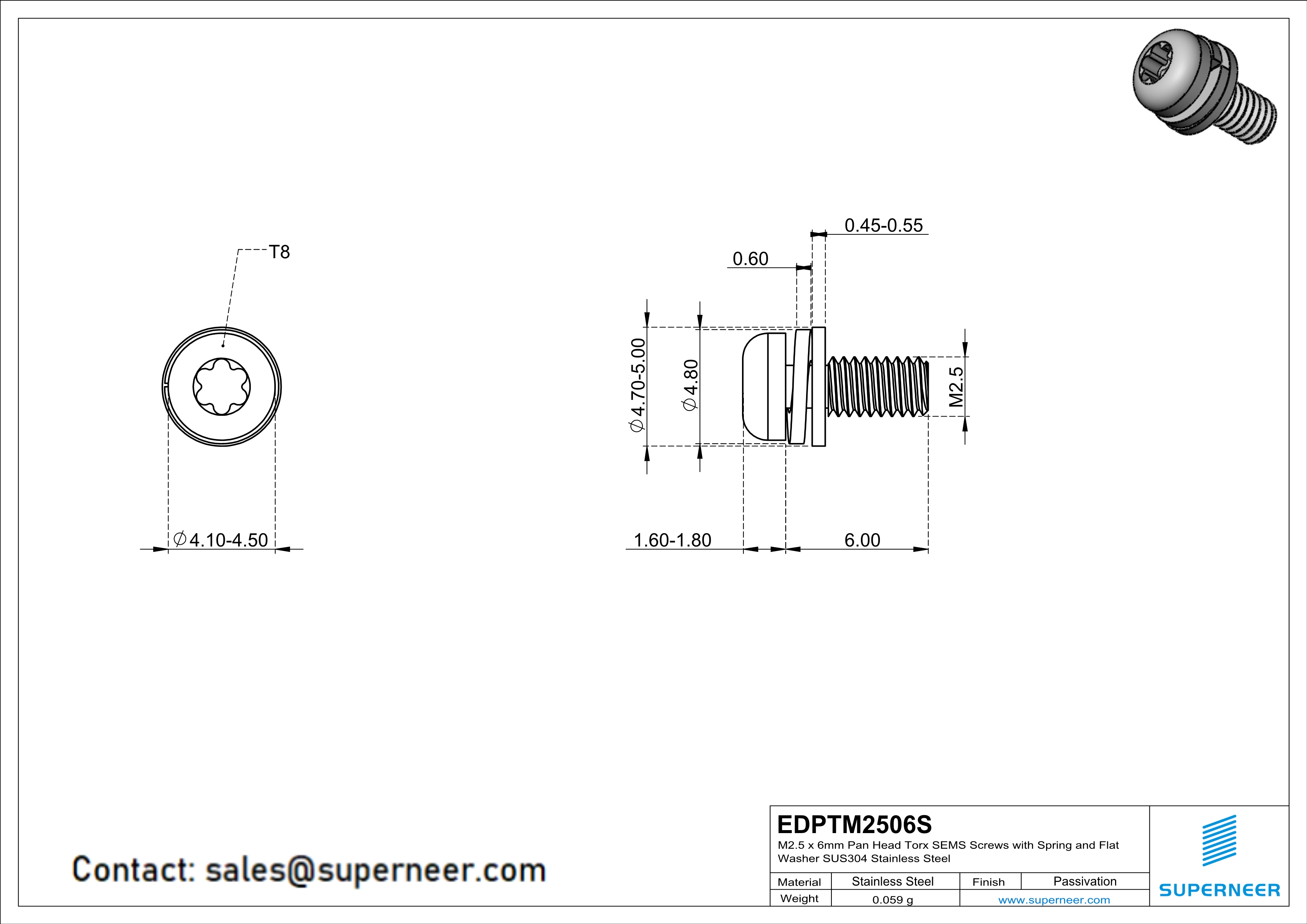 M2.5 x 6mm Pan Head Torx SEMS Screws with Spring and Flat Washer SUS304 Stainless Steel Inox